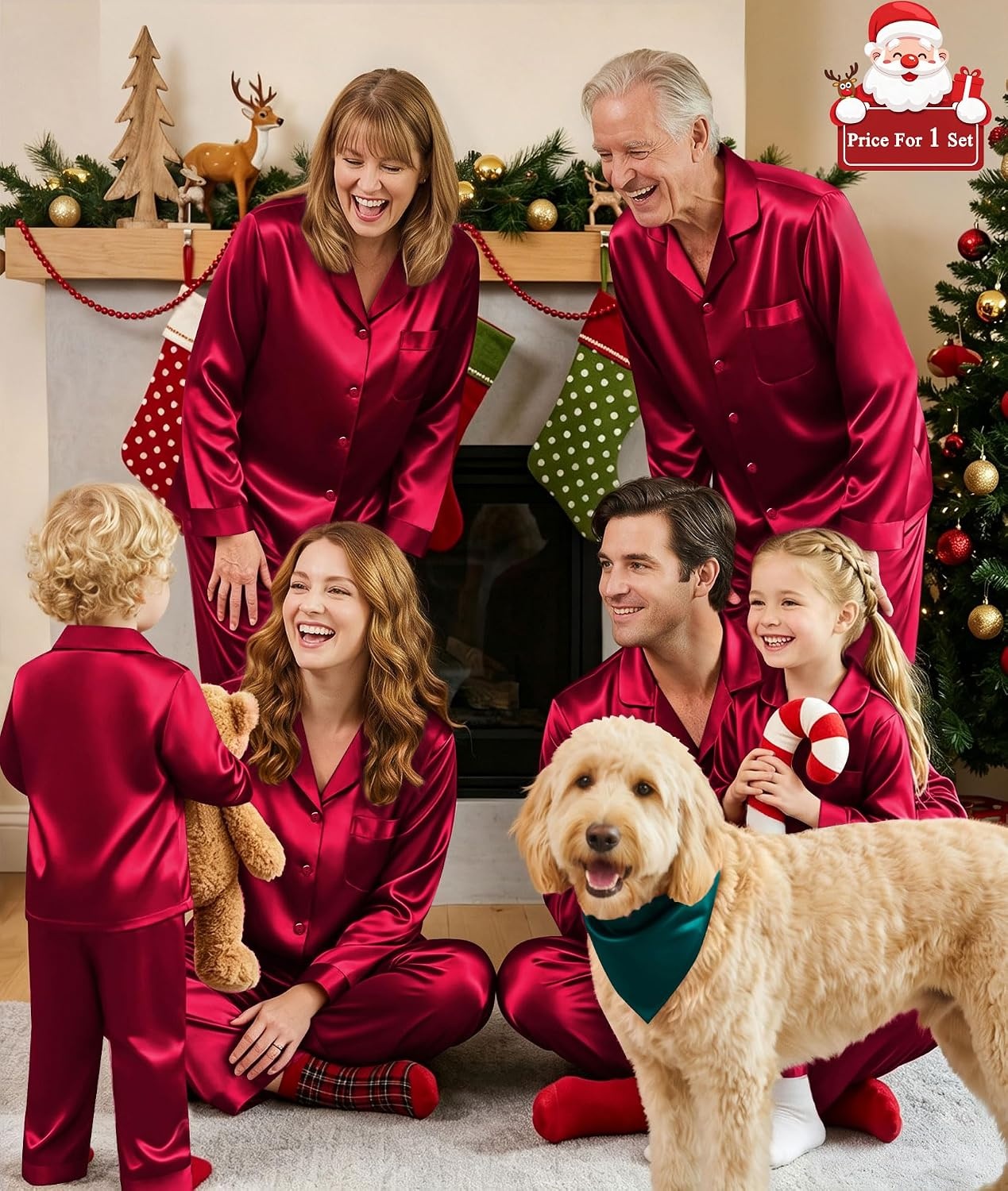 image:imageSWOMOG Matching Family Pajamas Set Silky Satin Christmas Pj Set Long Sleeve Button Down Sleepwear 2 Pcs Couple Matching SetBurgundy