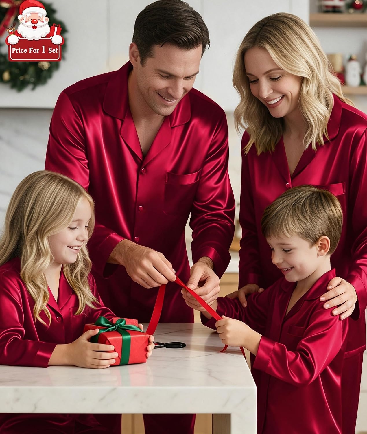 image:imageSWOMOG Matching Family Pajamas Set Silky Satin Christmas Pj Set Long Sleeve Button Down Sleepwear 2 Pcs Couple Matching SetBurgundy