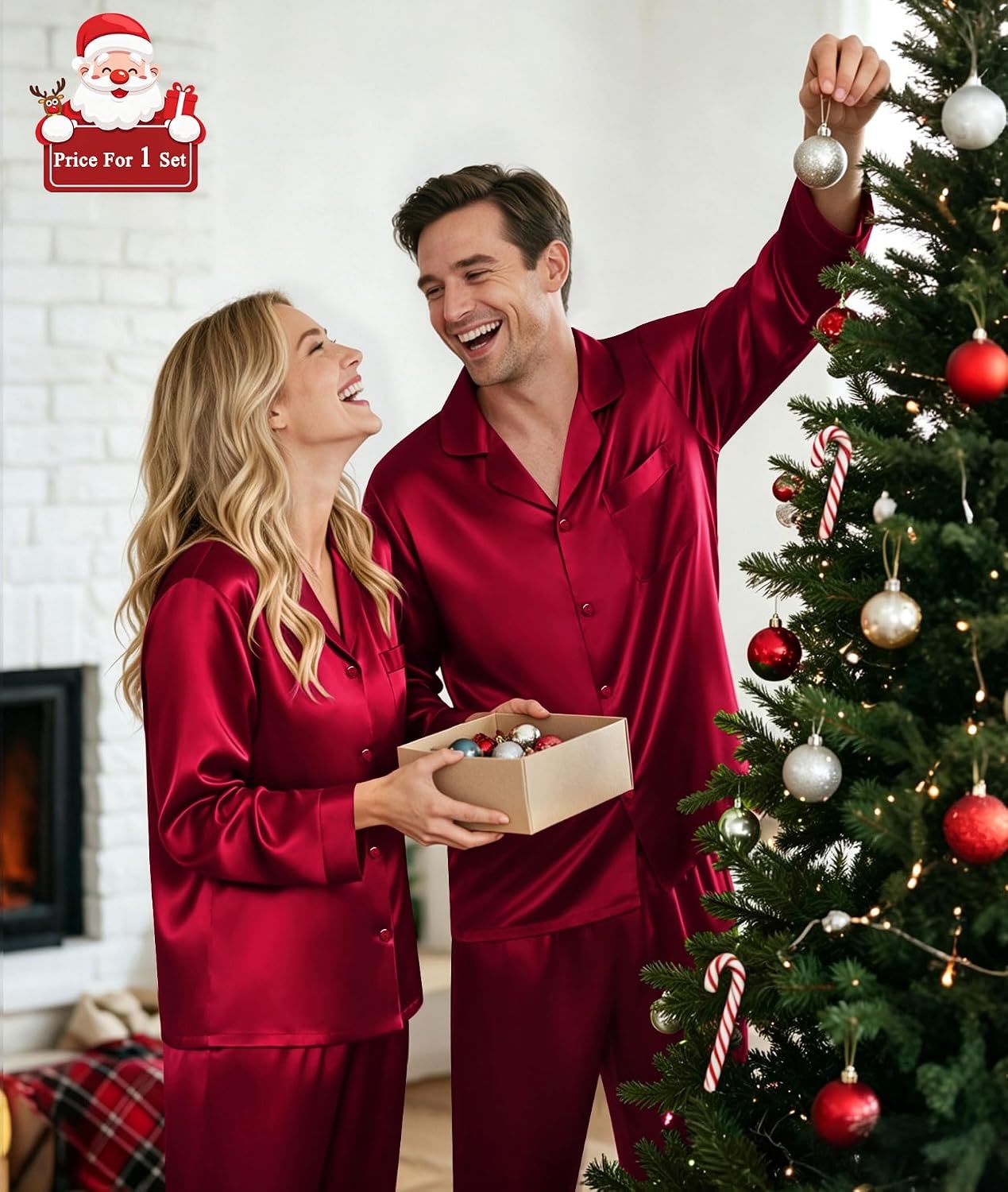 image:imageSWOMOG Matching Family Pajamas Set Silky Satin Christmas Pj Set Long Sleeve Button Down Sleepwear 2 Pcs Couple Matching SetBurgundy