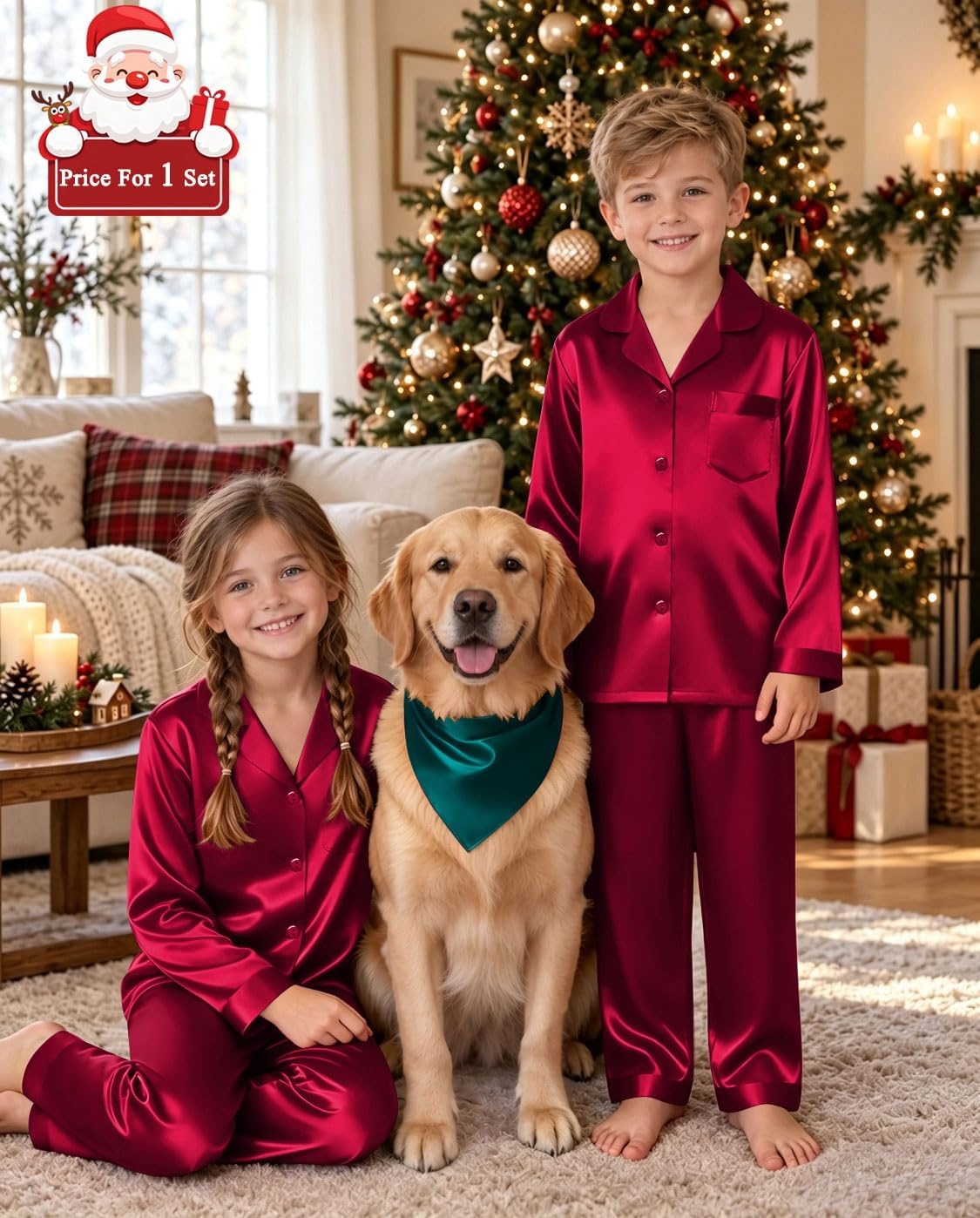 image:imageSWOMOG Matching Family Pajamas Set Silky Satin Christmas Pj Set Long Sleeve Button Down Sleepwear 2 Pcs Couple Matching SetBurgundy
