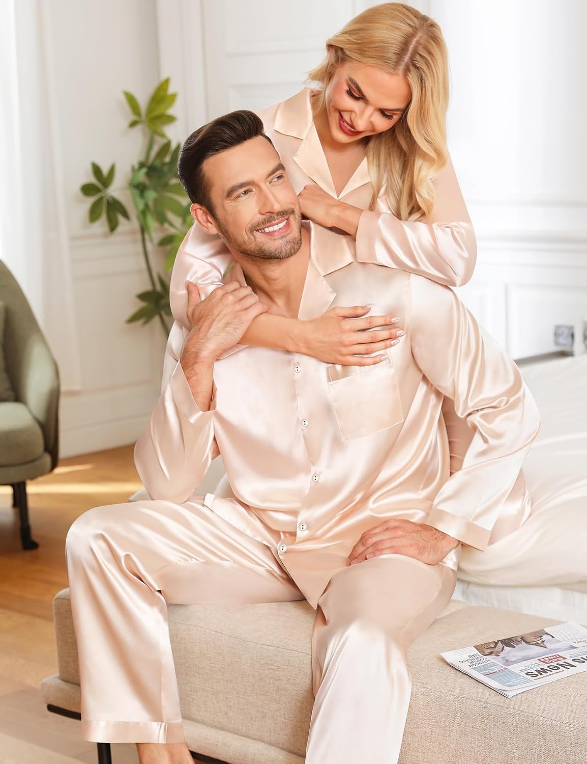 image:imageSWOMOG Matching Family Pajamas Set Silky Satin Christmas Pj Set Long Sleeve Button Down Sleepwear 2 Pcs Couple Matching SetChampagne