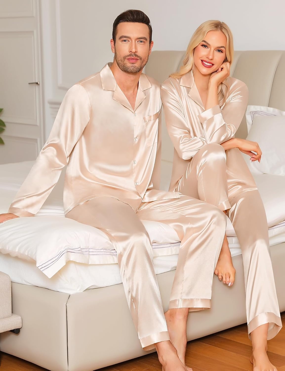 image:imageSWOMOG Matching Family Pajamas Set Silky Satin Christmas Pj Set Long Sleeve Button Down Sleepwear 2 Pcs Couple Matching SetChampagne