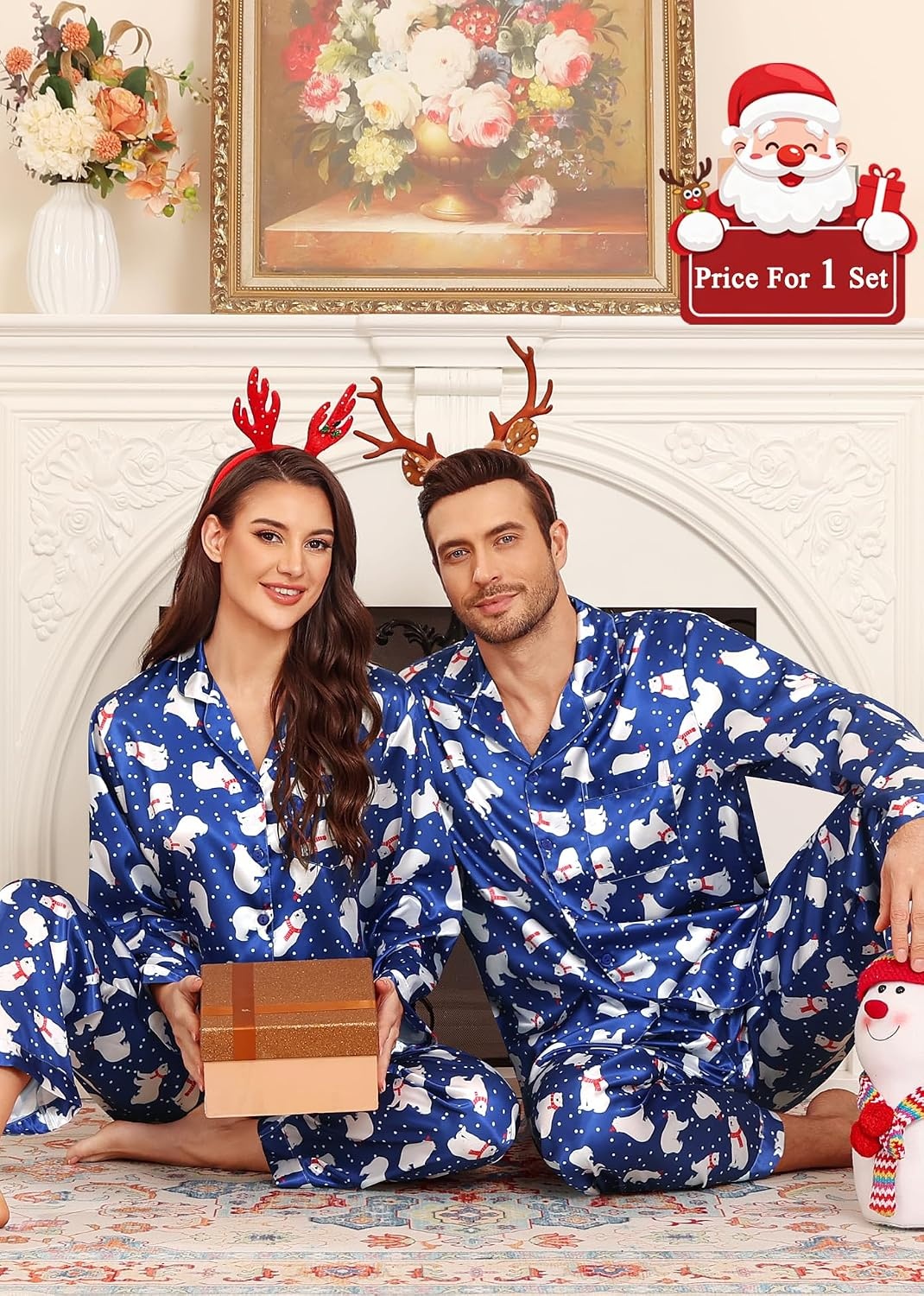 image:imageSWOMOG Matching Family Pajamas Set Silky Satin Christmas Pj Set Long Sleeve Button Down Sleepwear 2 Pcs Couple Matching SetChristmas Polar Bear