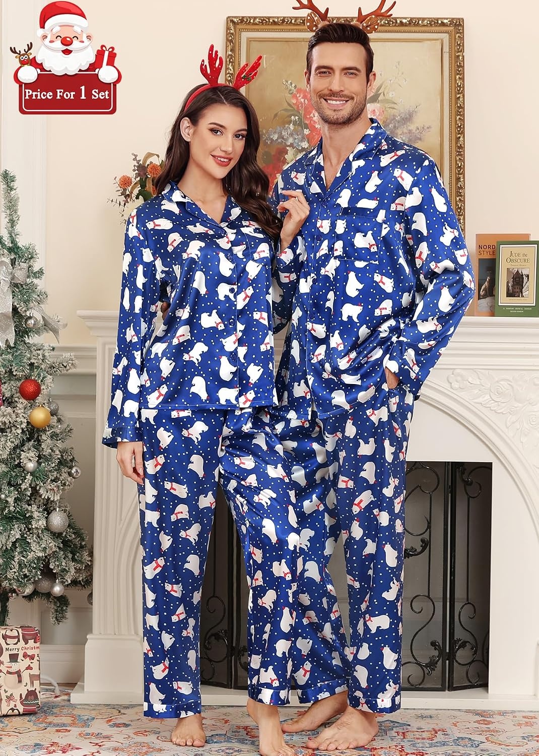 image:imageSWOMOG Matching Family Pajamas Set Silky Satin Christmas Pj Set Long Sleeve Button Down Sleepwear 2 Pcs Couple Matching SetChristmas Polar Bear