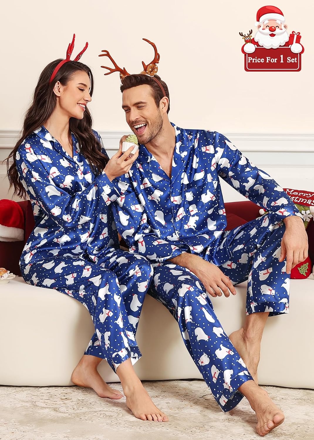 image:imageSWOMOG Matching Family Pajamas Set Silky Satin Christmas Pj Set Long Sleeve Button Down Sleepwear 2 Pcs Couple Matching SetChristmas Polar Bear