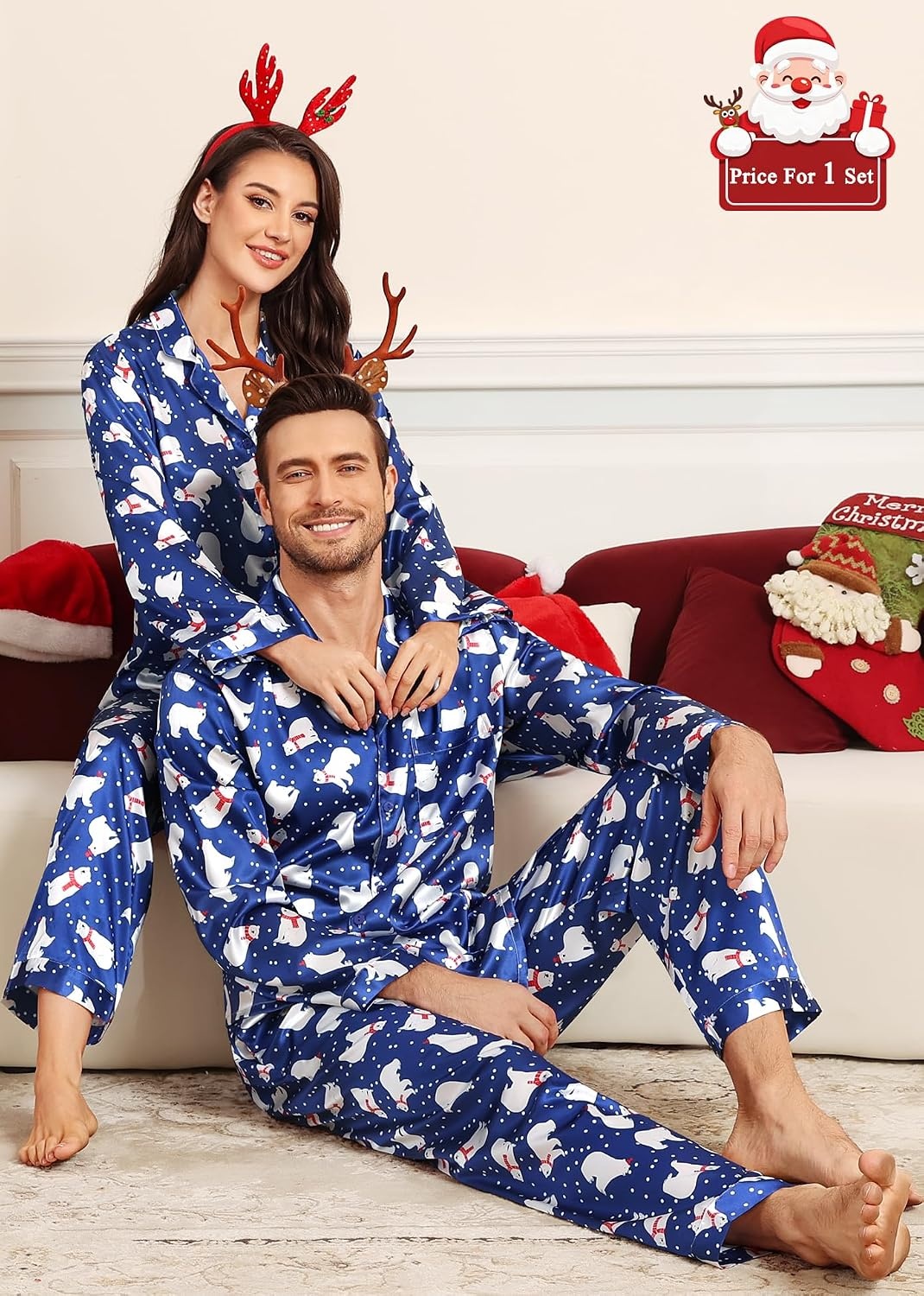image:imageSWOMOG Matching Family Pajamas Set Silky Satin Christmas Pj Set Long Sleeve Button Down Sleepwear 2 Pcs Couple Matching SetChristmas Polar Bear