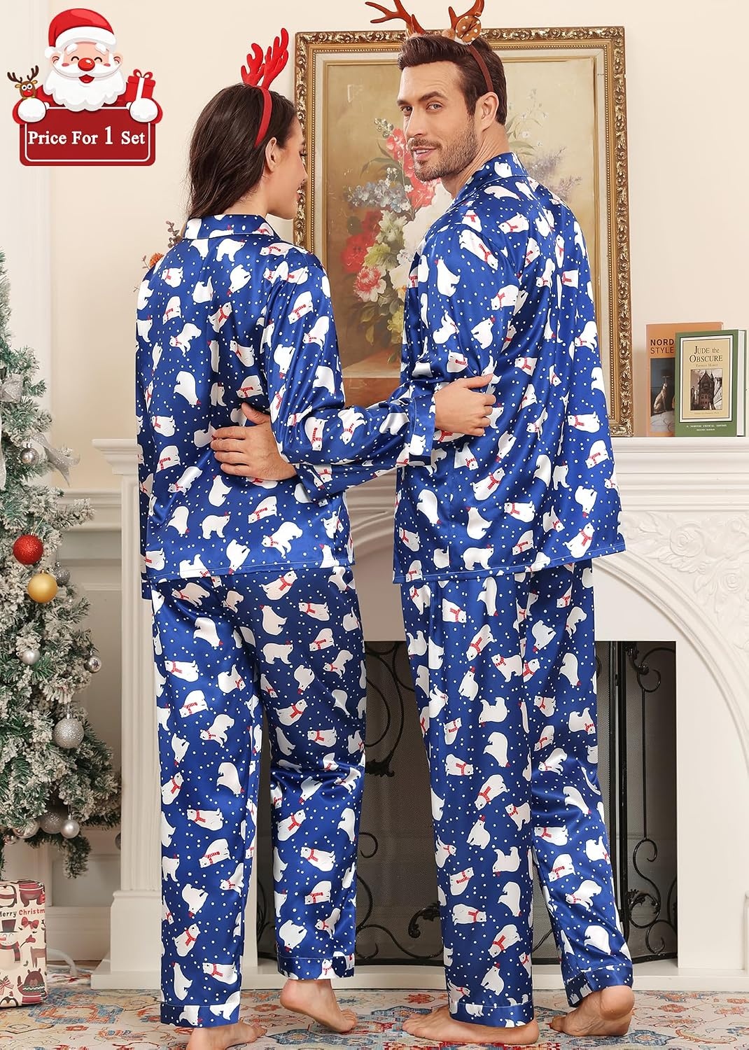 image:imageSWOMOG Matching Family Pajamas Set Silky Satin Christmas Pj Set Long Sleeve Button Down Sleepwear 2 Pcs Couple Matching SetChristmas Polar Bear