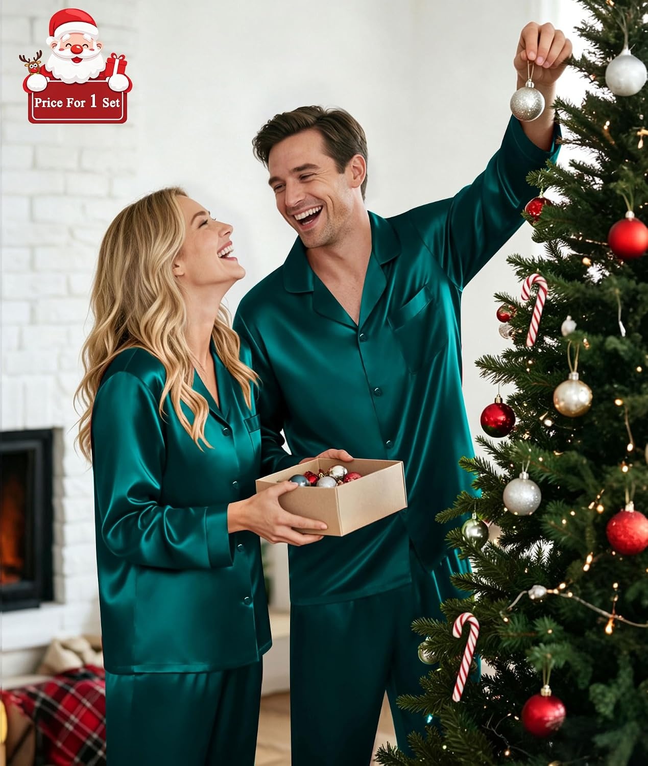 image:imageSWOMOG Matching Family Pajamas Set Silky Satin Christmas Pj Set Long Sleeve Button Down Sleepwear 2 Pcs Couple Matching SetDeep Green