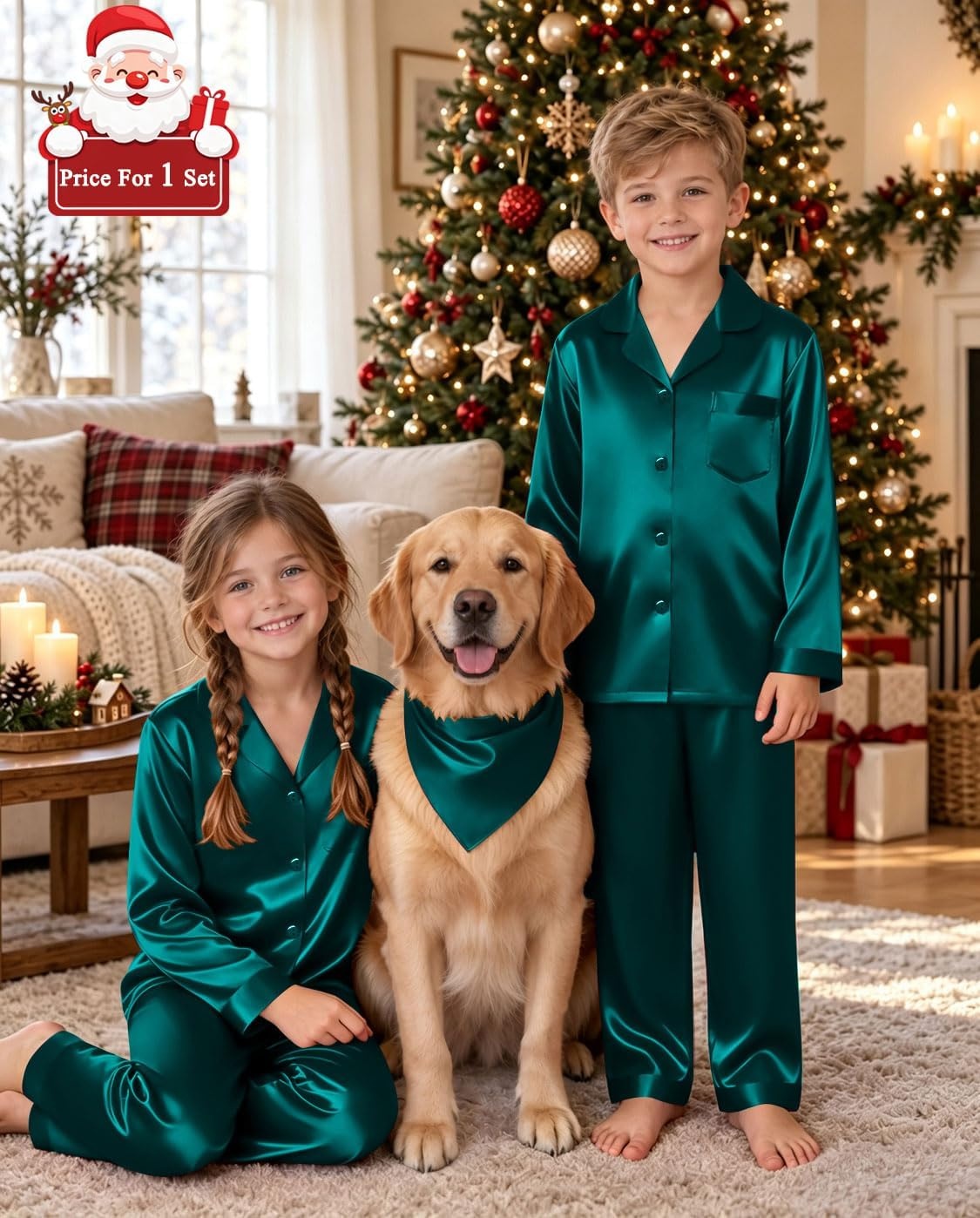 image:imageSWOMOG Matching Family Pajamas Set Silky Satin Christmas Pj Set Long Sleeve Button Down Sleepwear 2 Pcs Couple Matching SetDeep Green