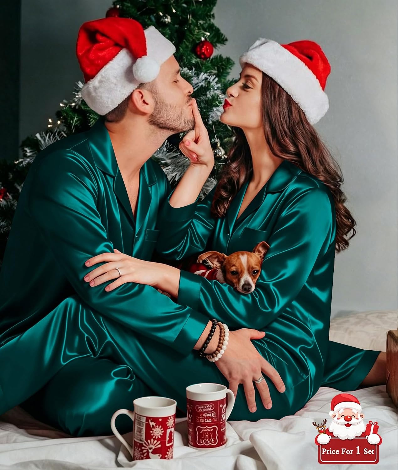 image:imageSWOMOG Matching Family Pajamas Set Silky Satin Christmas Pj Set Long Sleeve Button Down Sleepwear 2 Pcs Couple Matching SetDeep Green