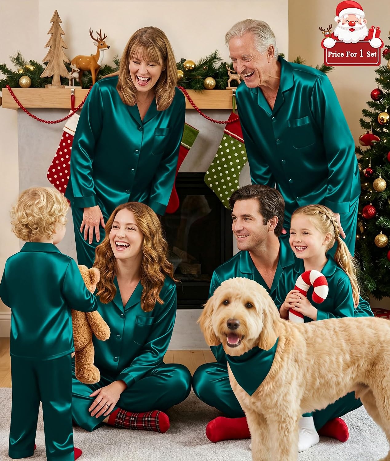 image:imageSWOMOG Matching Family Pajamas Set Silky Satin Christmas Pj Set Long Sleeve Button Down Sleepwear 2 Pcs Couple Matching SetDeep Green