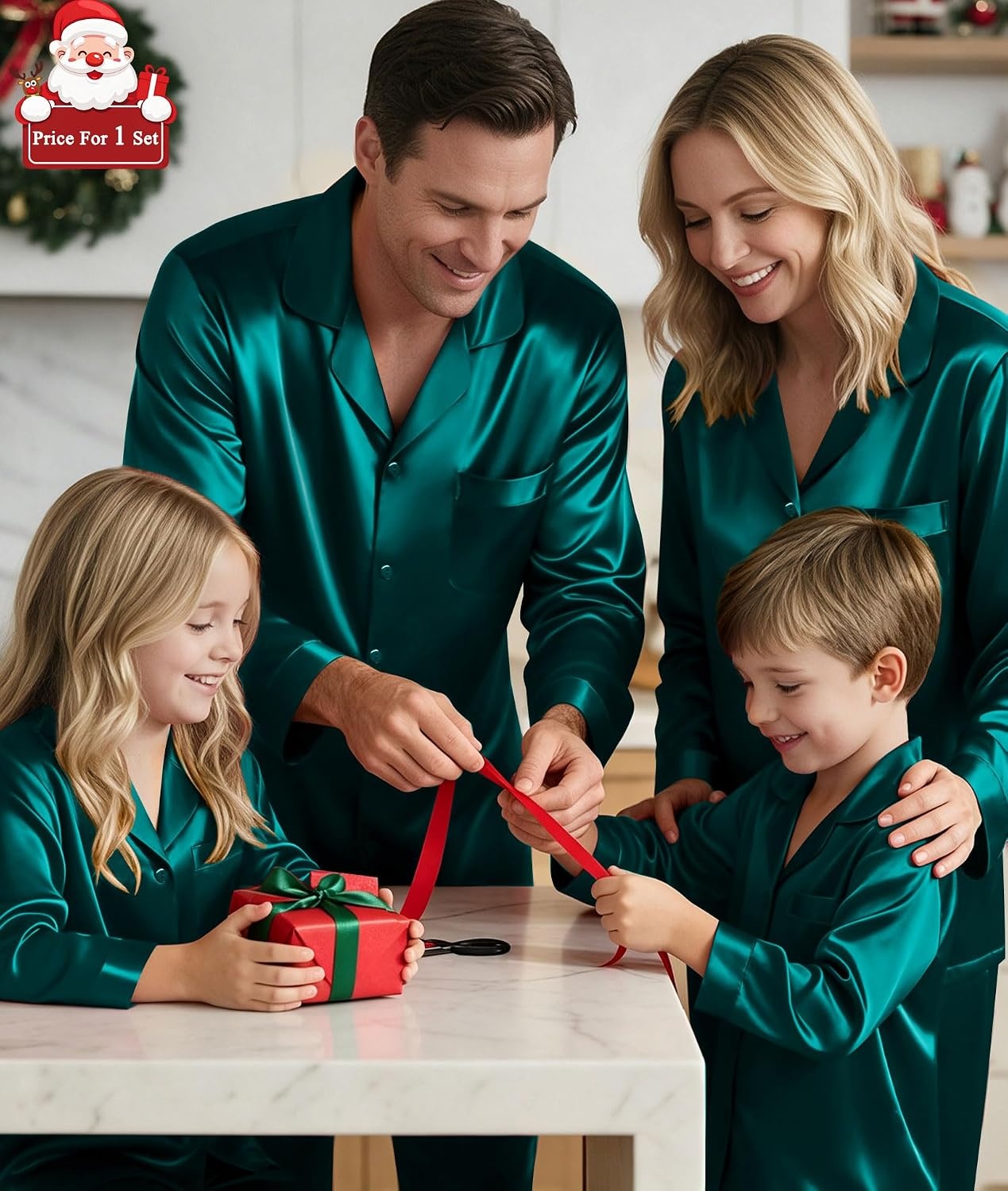 image:imageSWOMOG Matching Family Pajamas Set Silky Satin Christmas Pj Set Long Sleeve Button Down Sleepwear 2 Pcs Couple Matching SetDeep Green