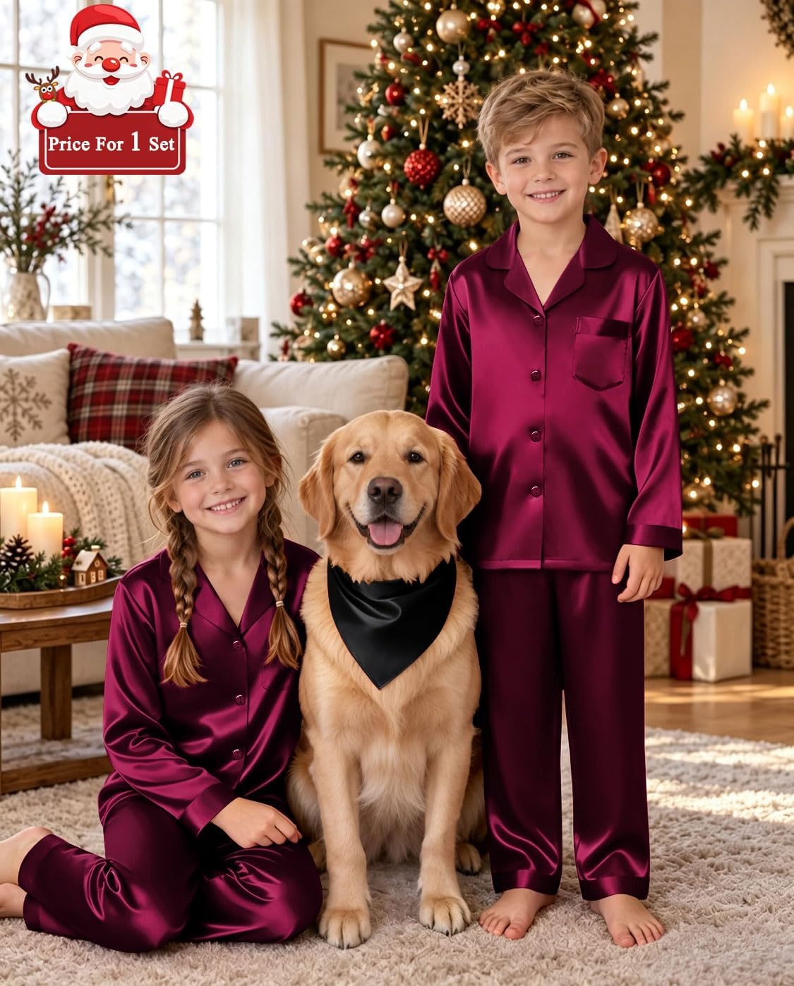 image:imageSWOMOG Matching Family Pajamas Set Silky Satin Christmas Pj Set Long Sleeve Button Down Sleepwear 2 Pcs Couple Matching SetDeep Wine Red