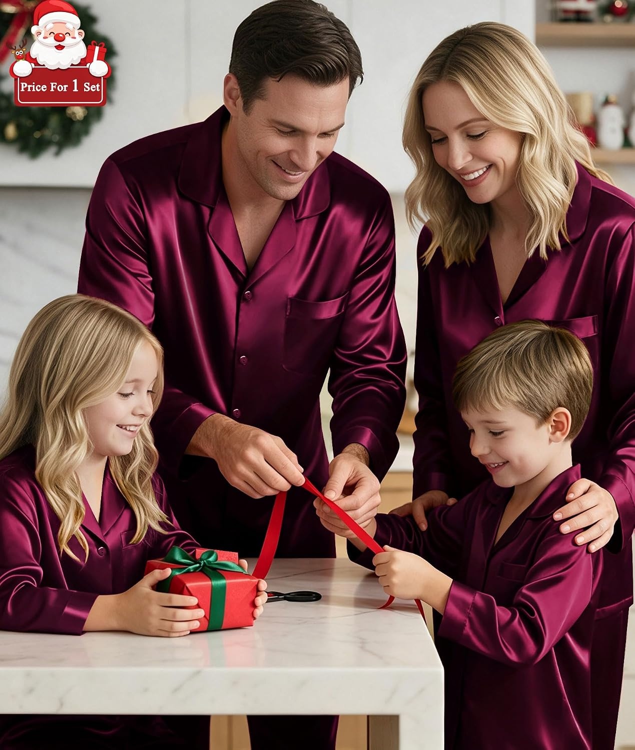 image:imageSWOMOG Matching Family Pajamas Set Silky Satin Christmas Pj Set Long Sleeve Button Down Sleepwear 2 Pcs Couple Matching SetDeep Wine Red
