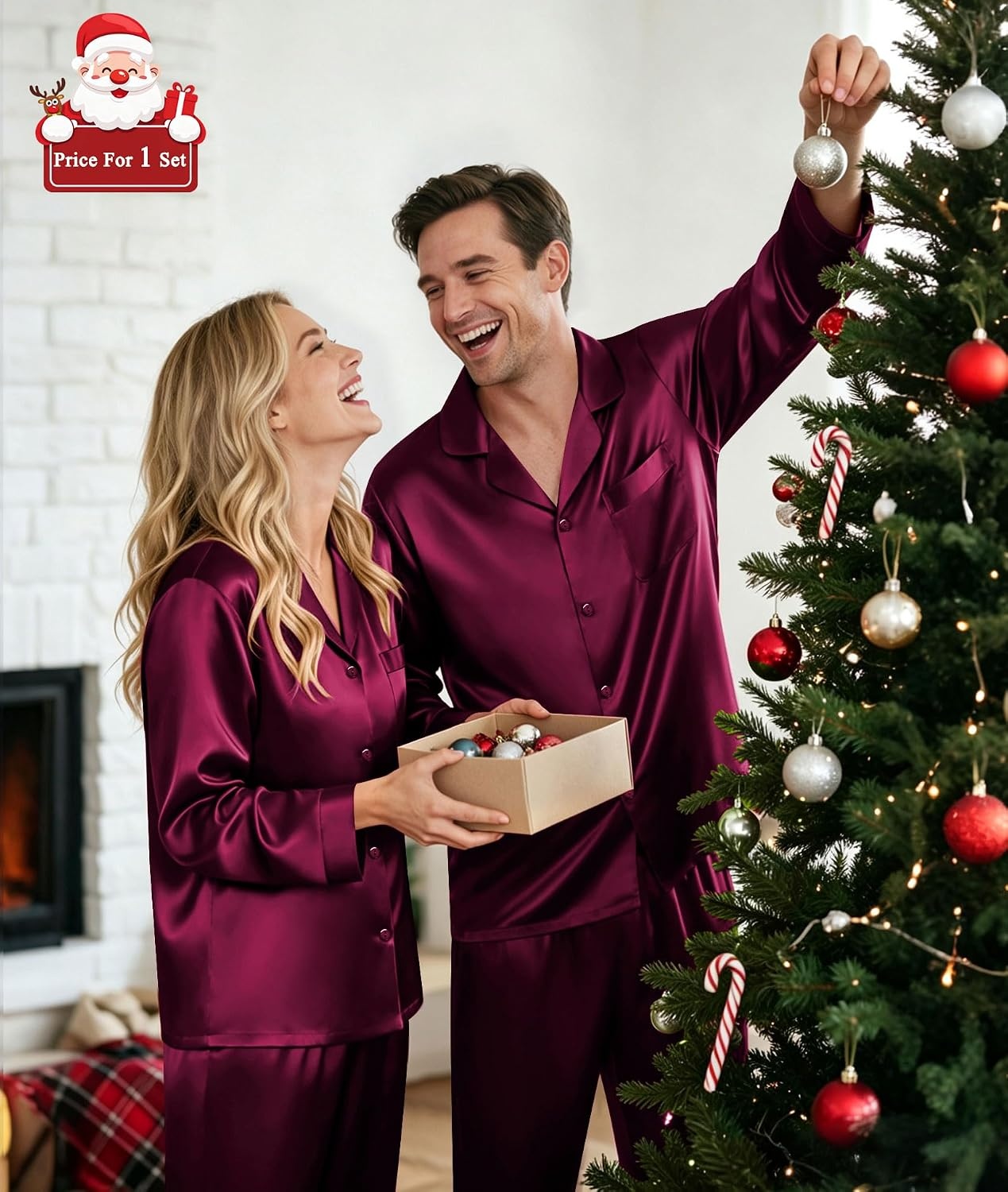 image:imageSWOMOG Matching Family Pajamas Set Silky Satin Christmas Pj Set Long Sleeve Button Down Sleepwear 2 Pcs Couple Matching SetDeep Wine Red