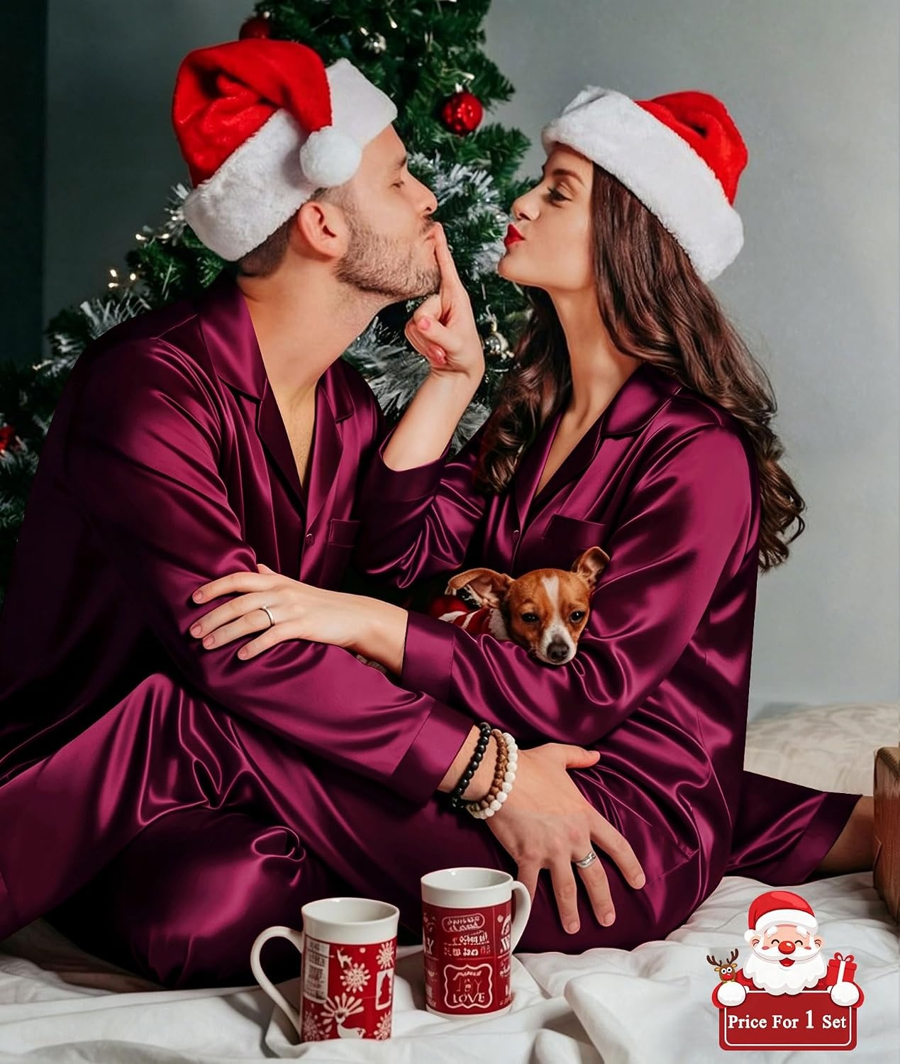 image:imageSWOMOG Matching Family Pajamas Set Silky Satin Christmas Pj Set Long Sleeve Button Down Sleepwear 2 Pcs Couple Matching SetDeep Wine Red