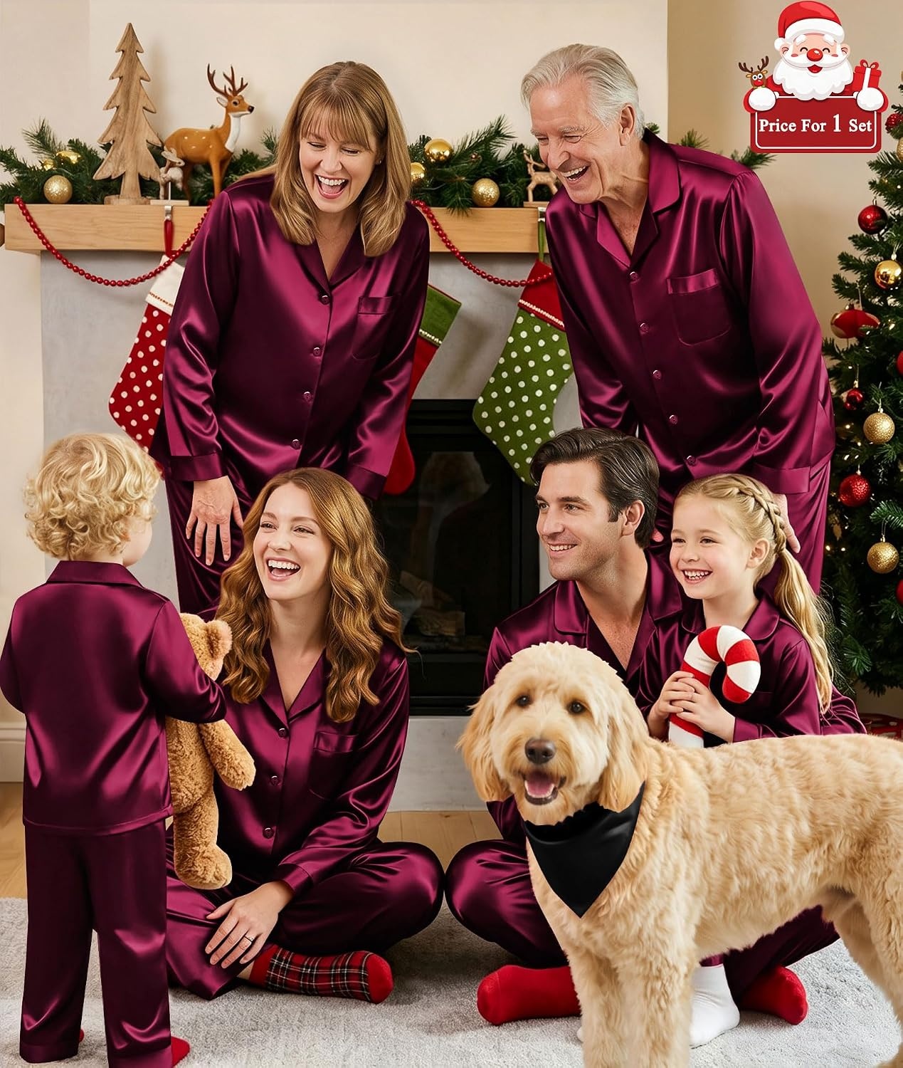 image:imageSWOMOG Matching Family Pajamas Set Silky Satin Christmas Pj Set Long Sleeve Button Down Sleepwear 2 Pcs Couple Matching SetDeep Wine Red