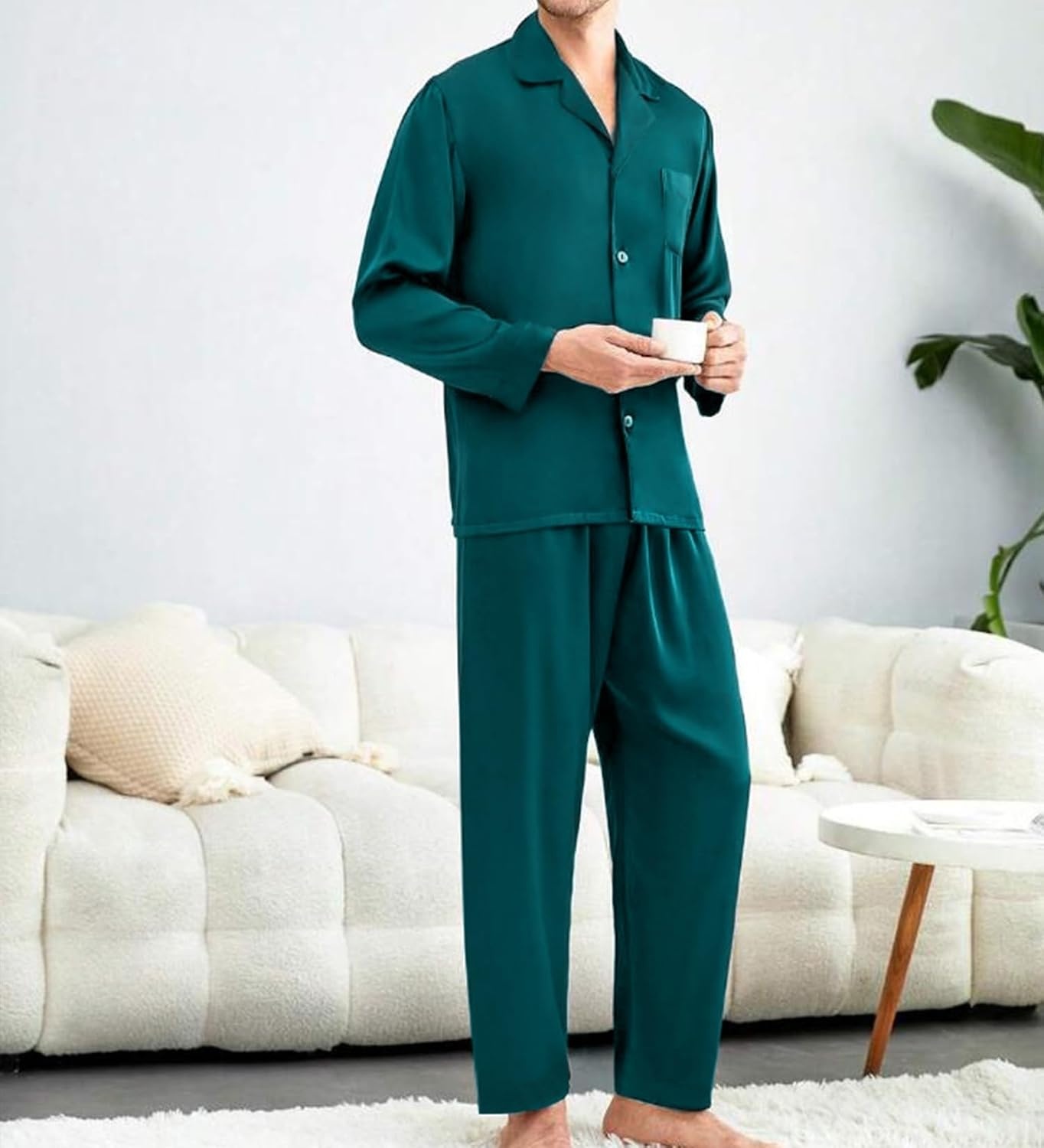 image:imageSWOMOG Matching Family Pajamas Set Silky Satin Christmas Pj Set Long Sleeve Button Down Sleepwear 2 Pcs Couple Matching SetGreen