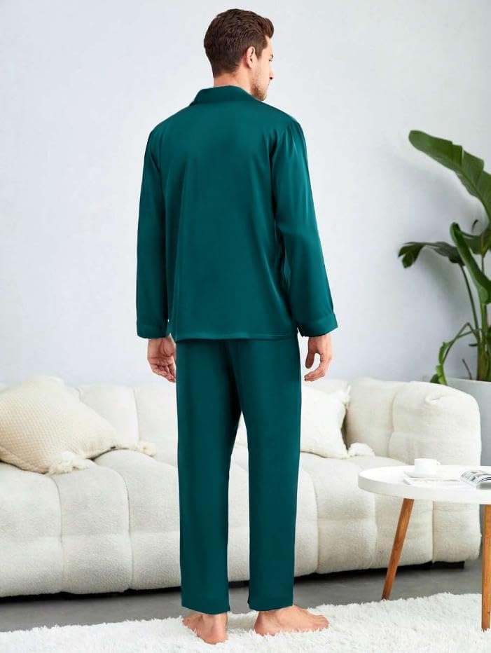 image:imageSWOMOG Matching Family Pajamas Set Silky Satin Christmas Pj Set Long Sleeve Button Down Sleepwear 2 Pcs Couple Matching SetGreen