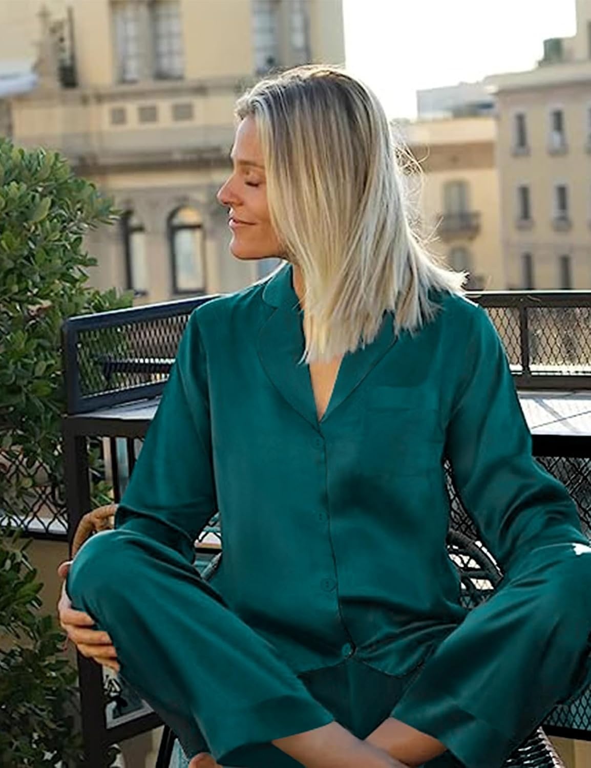 image:imageSWOMOG Matching Family Pajamas Set Silky Satin Christmas Pj Set Long Sleeve Button Down Sleepwear 2 Pcs Couple Matching SetGreen