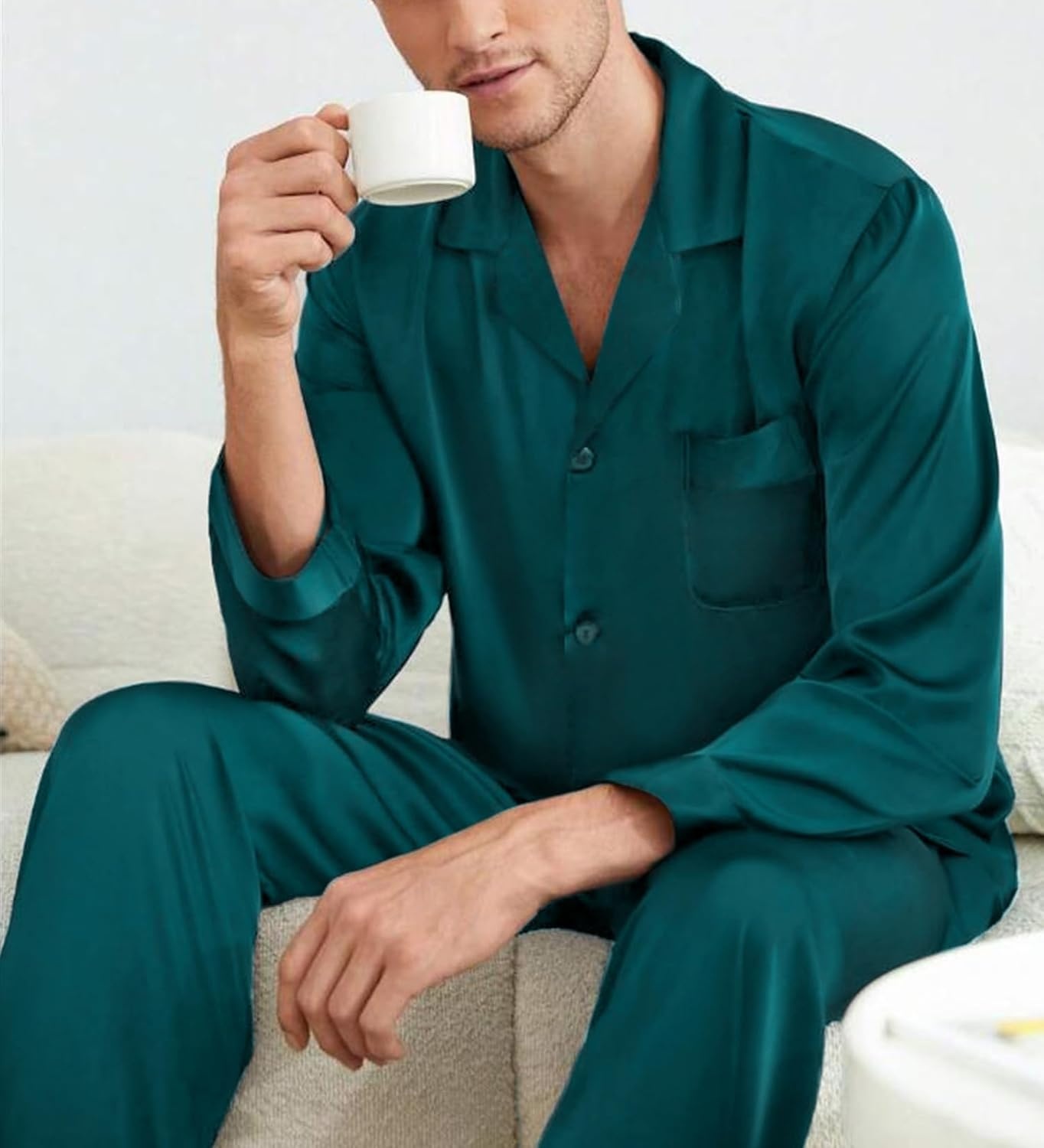 image:imageSWOMOG Matching Family Pajamas Set Silky Satin Christmas Pj Set Long Sleeve Button Down Sleepwear 2 Pcs Couple Matching SetGreen