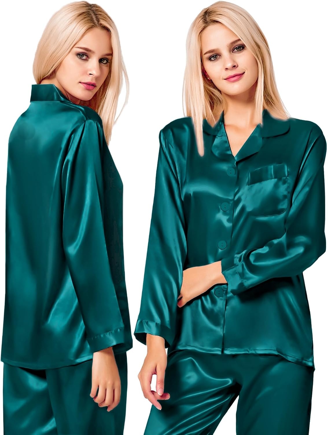 image:imageSWOMOG Matching Family Pajamas Set Silky Satin Christmas Pj Set Long Sleeve Button Down Sleepwear 2 Pcs Couple Matching SetGreen