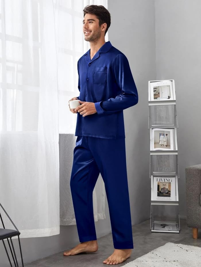 image:imageSWOMOG Matching Family Pajamas Set Silky Satin Christmas Pj Set Long Sleeve Button Down Sleepwear 2 Pcs Couple Matching SetNavy Blue