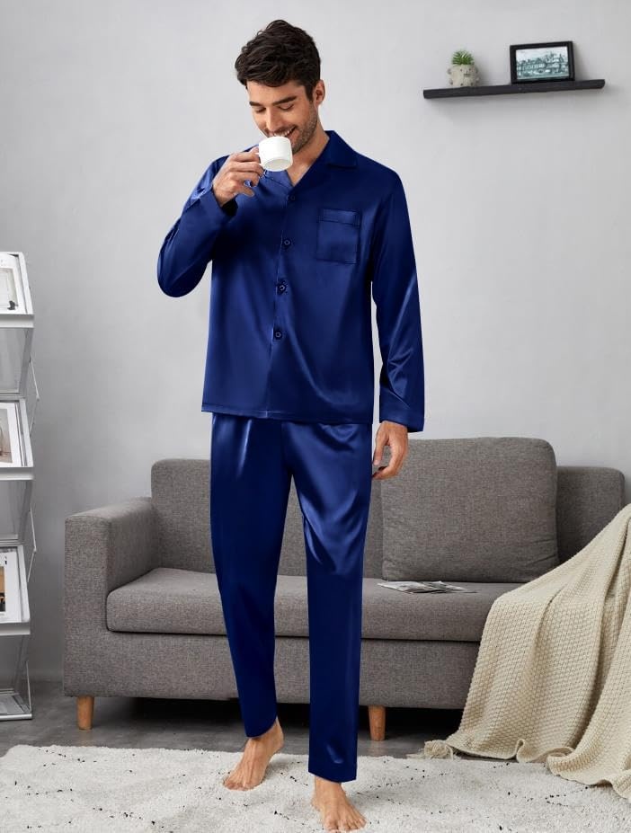 image:imageSWOMOG Matching Family Pajamas Set Silky Satin Christmas Pj Set Long Sleeve Button Down Sleepwear 2 Pcs Couple Matching SetNavy Blue