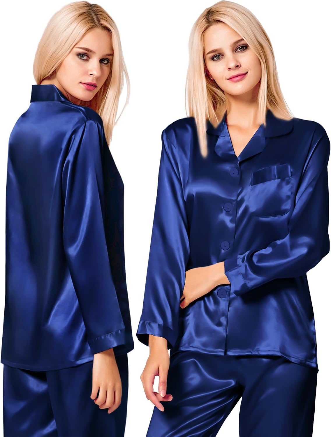 image:imageSWOMOG Matching Family Pajamas Set Silky Satin Christmas Pj Set Long Sleeve Button Down Sleepwear 2 Pcs Couple Matching SetNavy Blue