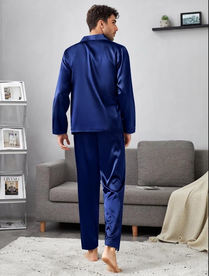 image:imageSWOMOG Matching Family Pajamas Set Silky Satin Christmas Pj Set Long Sleeve Button Down Sleepwear 2 Pcs Couple Matching SetNavy Blue