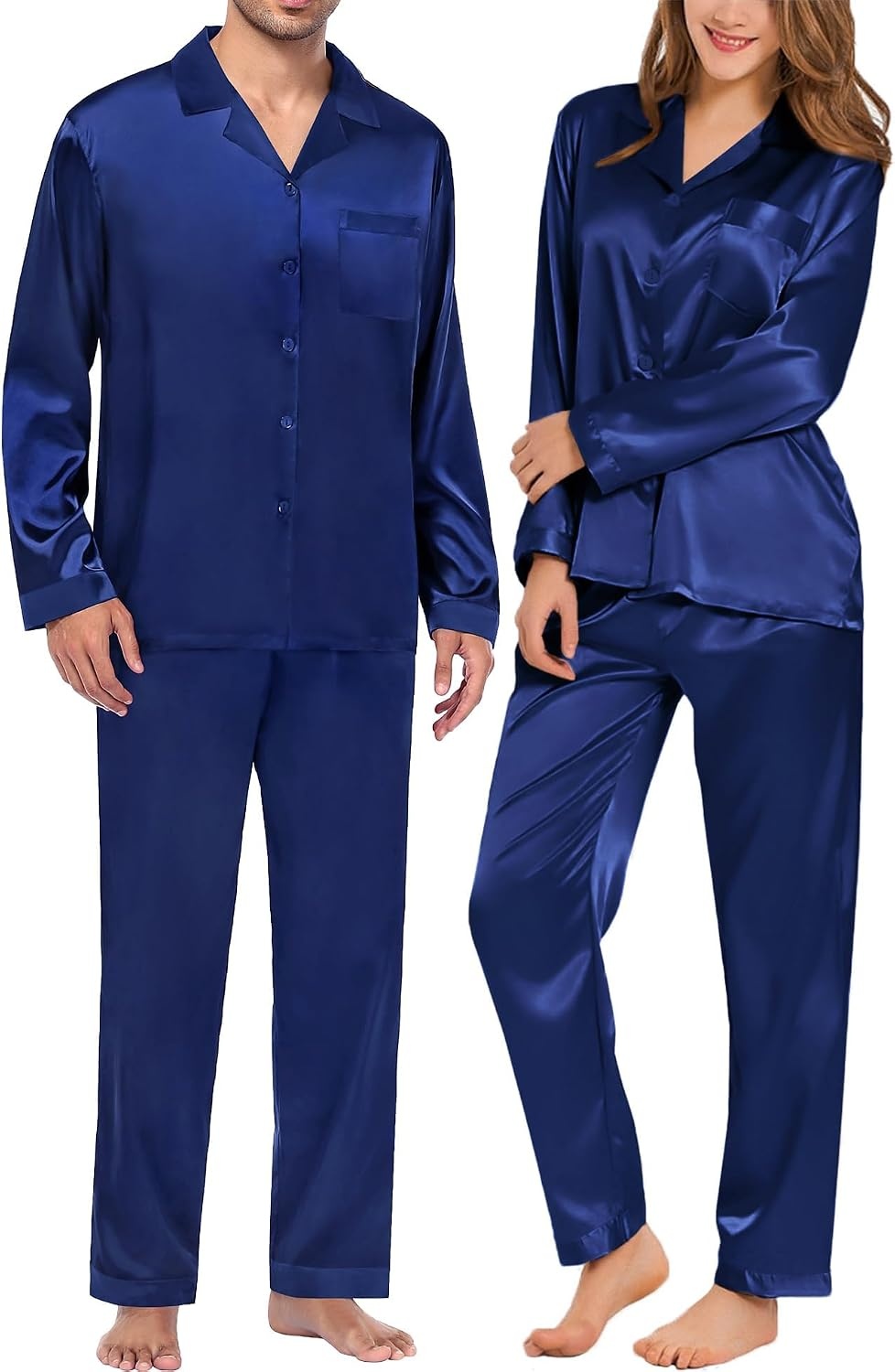 image:imageSWOMOG Matching Family Pajamas Set Silky Satin Christmas Pj Set Long Sleeve Button Down Sleepwear 2 Pcs Couple Matching SetNavy Blue