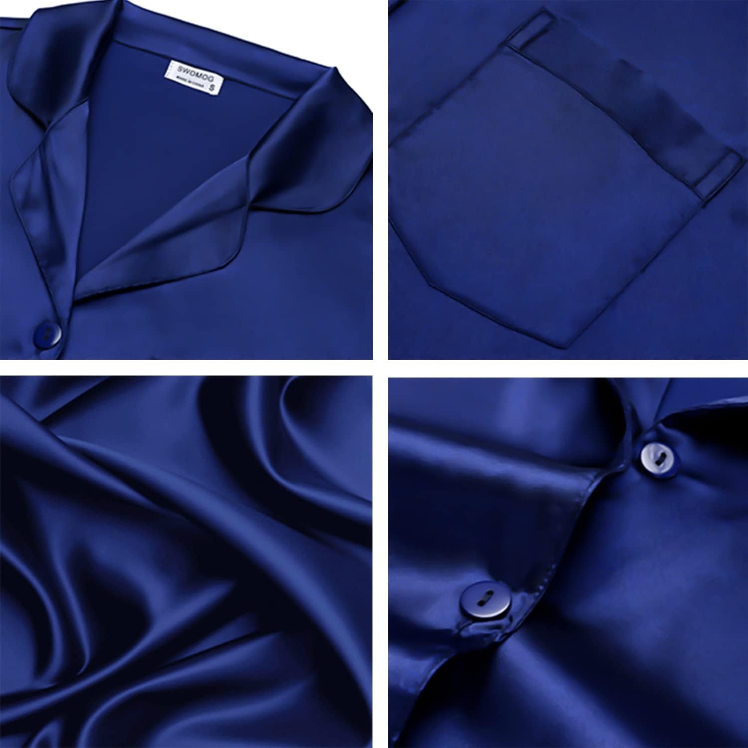 image:imageSWOMOG Matching Family Pajamas Set Silky Satin Christmas Pj Set Long Sleeve Button Down Sleepwear 2 Pcs Couple Matching SetNavy Blue
