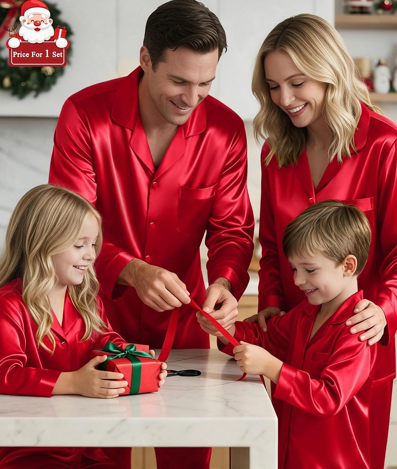 image:imageSWOMOG Matching Family Pajamas Set Silky Satin Christmas Pj Set Long Sleeve Button Down Sleepwear 2 Pcs Couple Matching SetRed