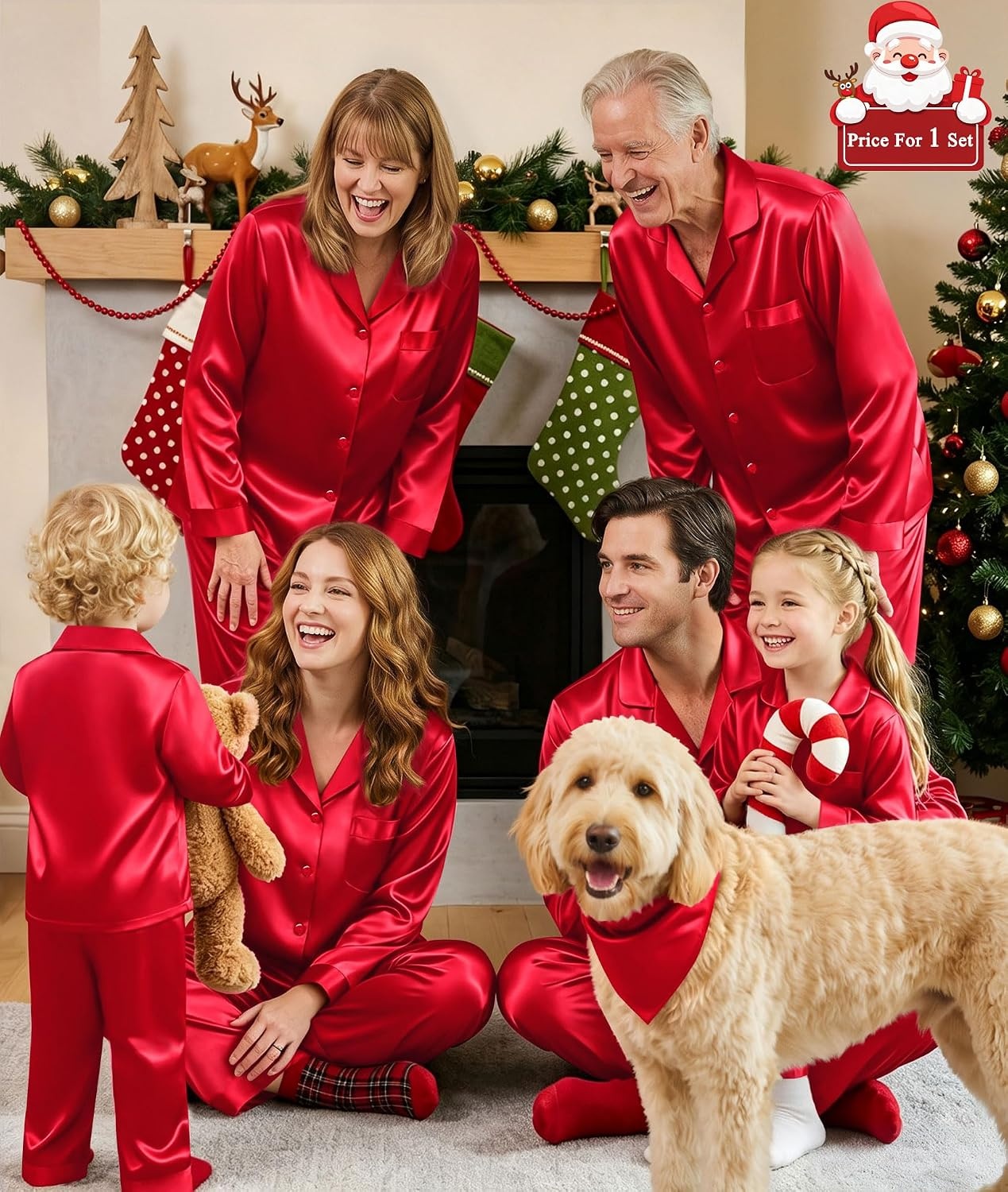 image:imageSWOMOG Matching Family Pajamas Set Silky Satin Christmas Pj Set Long Sleeve Button Down Sleepwear 2 Pcs Couple Matching SetRed
