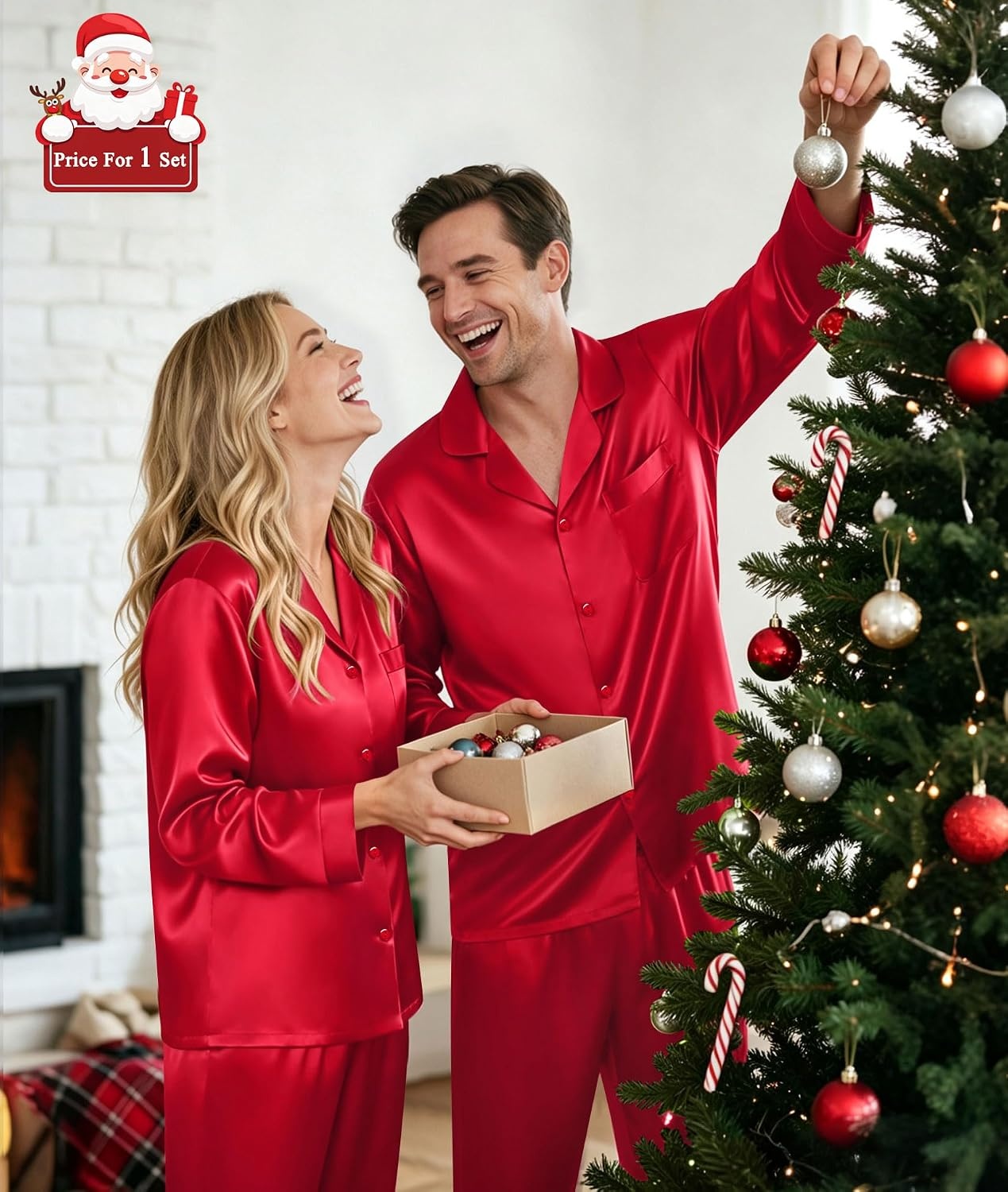 image:imageSWOMOG Matching Family Pajamas Set Silky Satin Christmas Pj Set Long Sleeve Button Down Sleepwear 2 Pcs Couple Matching SetRed