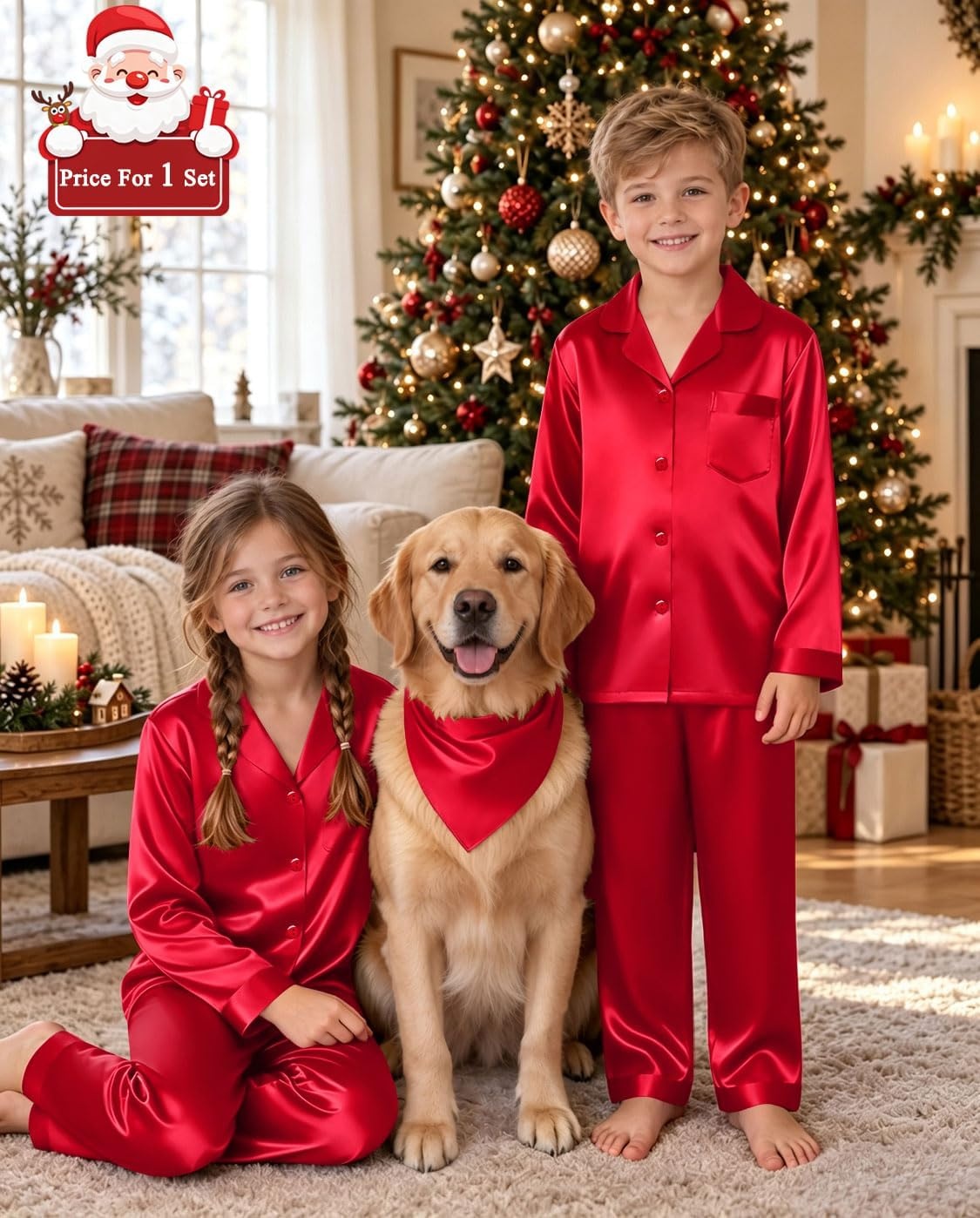 image:imageSWOMOG Matching Family Pajamas Set Silky Satin Christmas Pj Set Long Sleeve Button Down Sleepwear 2 Pcs Couple Matching SetRed