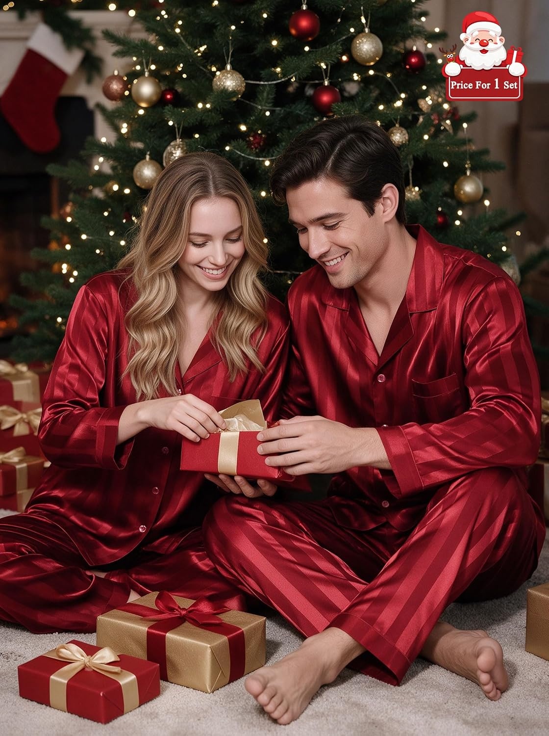 image:imageSWOMOG Matching Family Pajamas Set Silky Satin Christmas Pj Set Long Sleeve Button Down Sleepwear 2 Pcs Couple Matching SetRed Striped