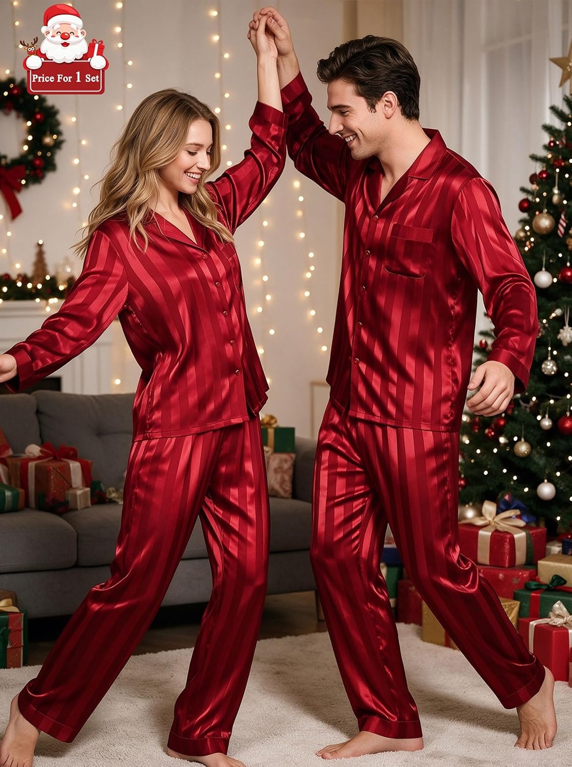 image:imageSWOMOG Matching Family Pajamas Set Silky Satin Christmas Pj Set Long Sleeve Button Down Sleepwear 2 Pcs Couple Matching SetRed Striped
