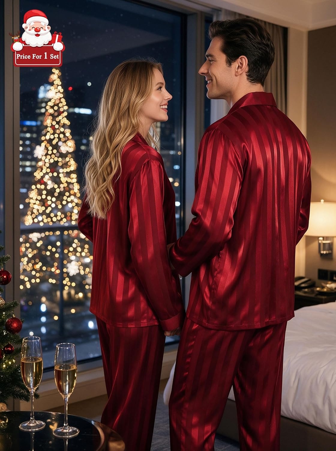 image:imageSWOMOG Matching Family Pajamas Set Silky Satin Christmas Pj Set Long Sleeve Button Down Sleepwear 2 Pcs Couple Matching SetRed Striped