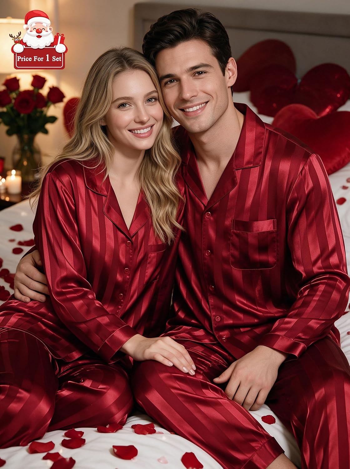 image:imageSWOMOG Matching Family Pajamas Set Silky Satin Christmas Pj Set Long Sleeve Button Down Sleepwear 2 Pcs Couple Matching SetRed Striped