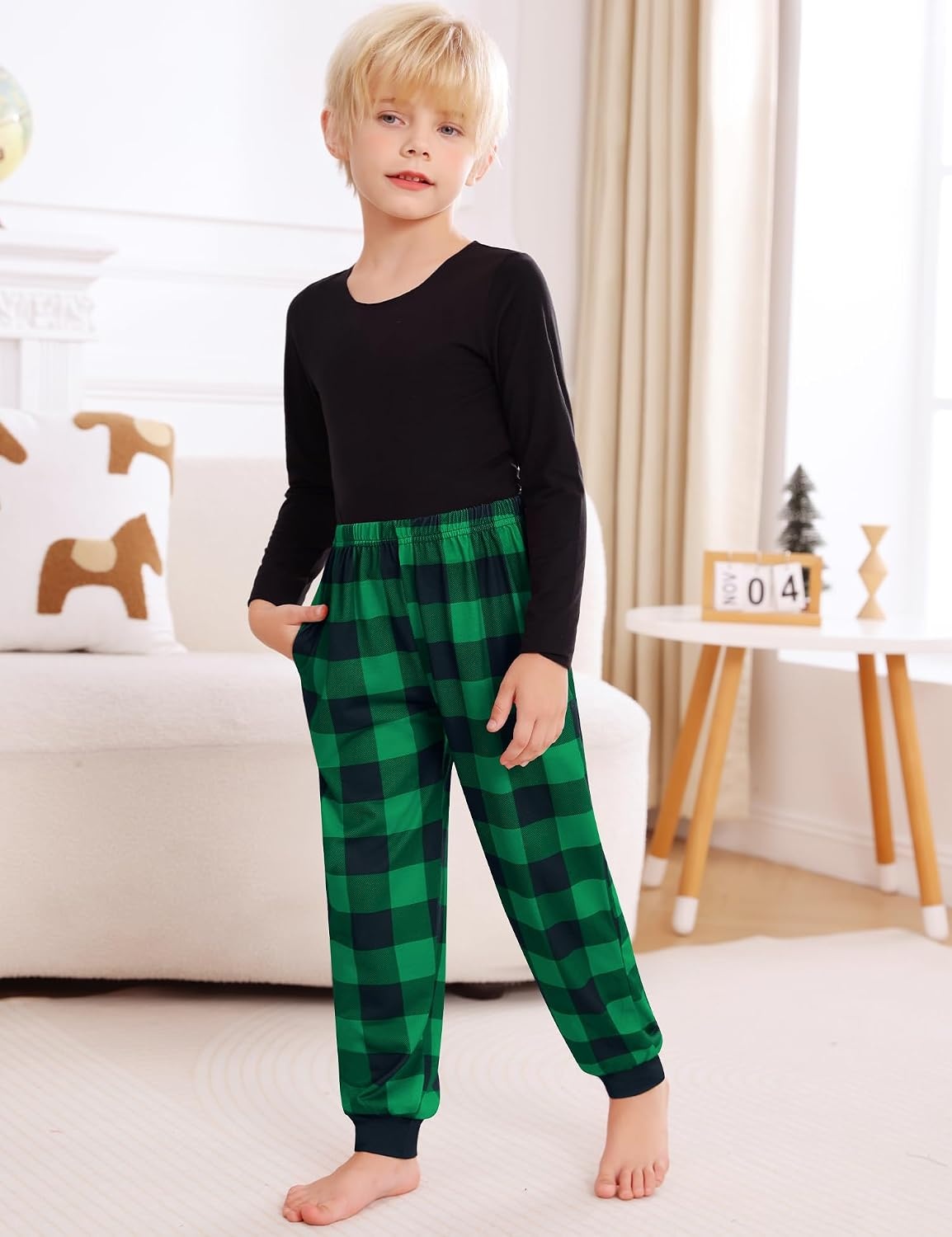 image:imageSWOMOG Unisex Kids Plaid Pajama Pants for Boys amp Girls Comfy Sleepwear Bottoms Lounge Jogger PJ Pants with PocketsBlack Green Plaid