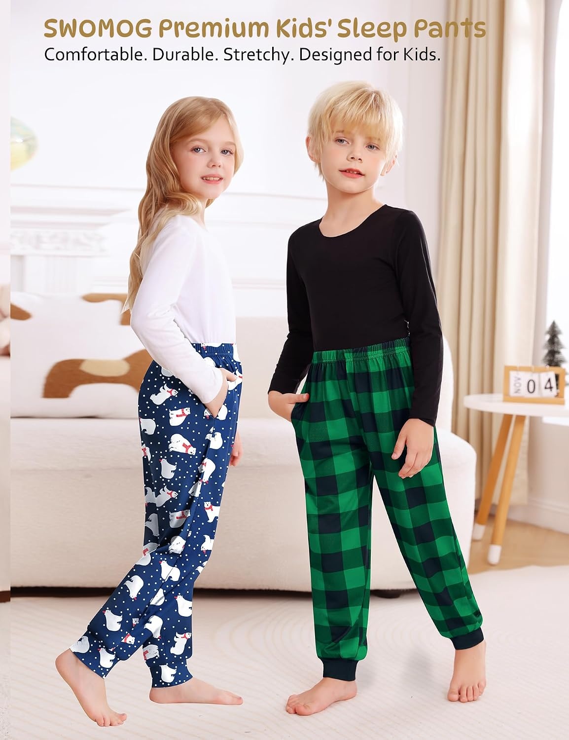 image:imageSWOMOG Unisex Kids Plaid Pajama Pants for Boys amp Girls Comfy Sleepwear Bottoms Lounge Jogger PJ Pants with PocketsBlack Green Plaid
