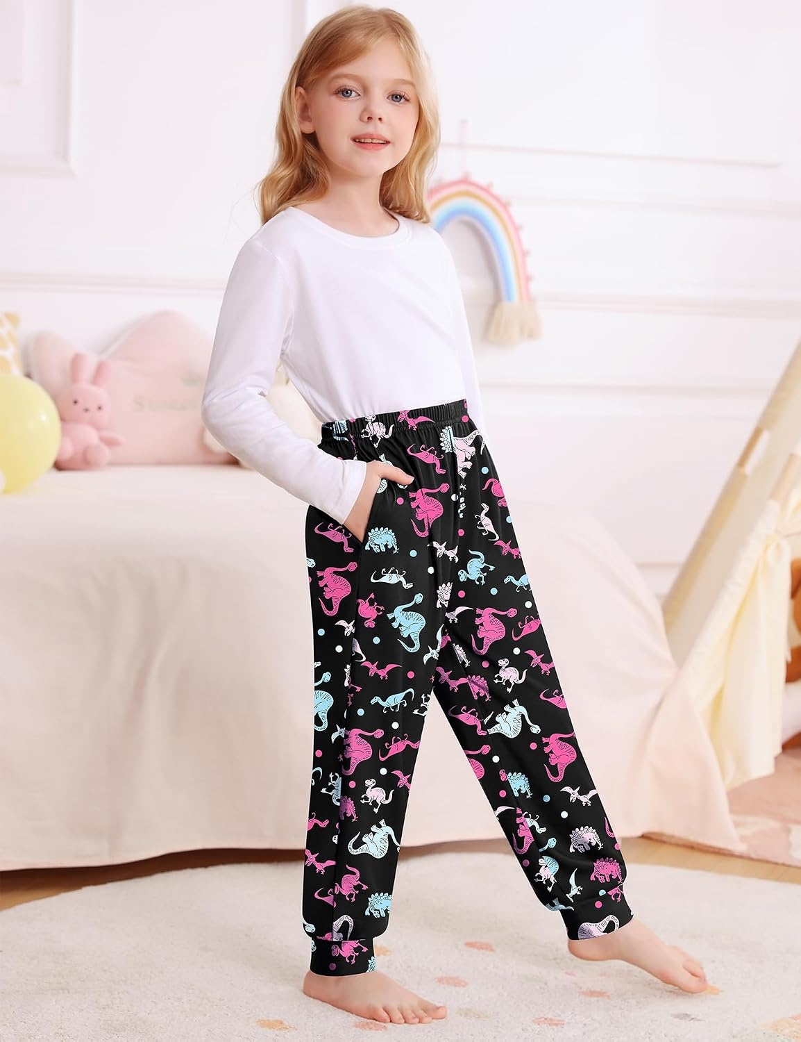 image:imageSWOMOG Unisex Kids Plaid Pajama Pants for Boys amp Girls Comfy Sleepwear Bottoms Lounge Jogger PJ Pants with PocketsBlack Colorful Dinosaur