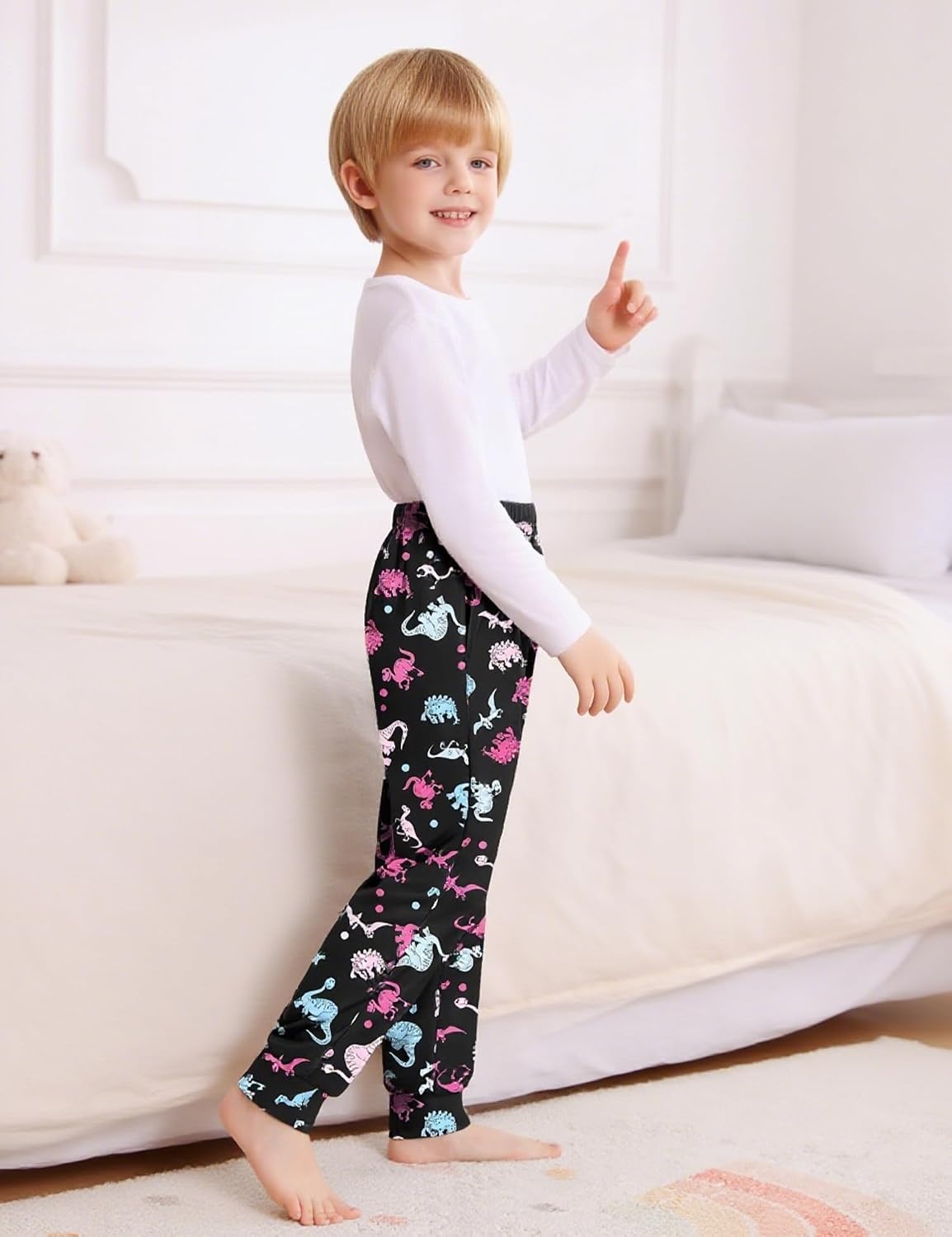 image:imageSWOMOG Unisex Kids Plaid Pajama Pants for Boys amp Girls Comfy Sleepwear Bottoms Lounge Jogger PJ Pants with PocketsBlack Colorful Dinosaur