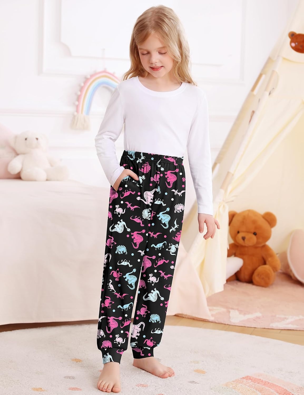 image:imageSWOMOG Unisex Kids Plaid Pajama Pants for Boys amp Girls Comfy Sleepwear Bottoms Lounge Jogger PJ Pants with PocketsBlack Colorful Dinosaur