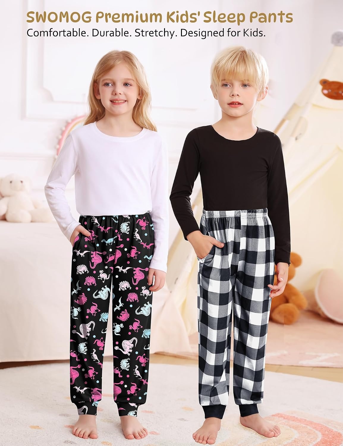 image:imageSWOMOG Unisex Kids Plaid Pajama Pants for Boys amp Girls Comfy Sleepwear Bottoms Lounge Jogger PJ Pants with PocketsBlack Colorful Dinosaur