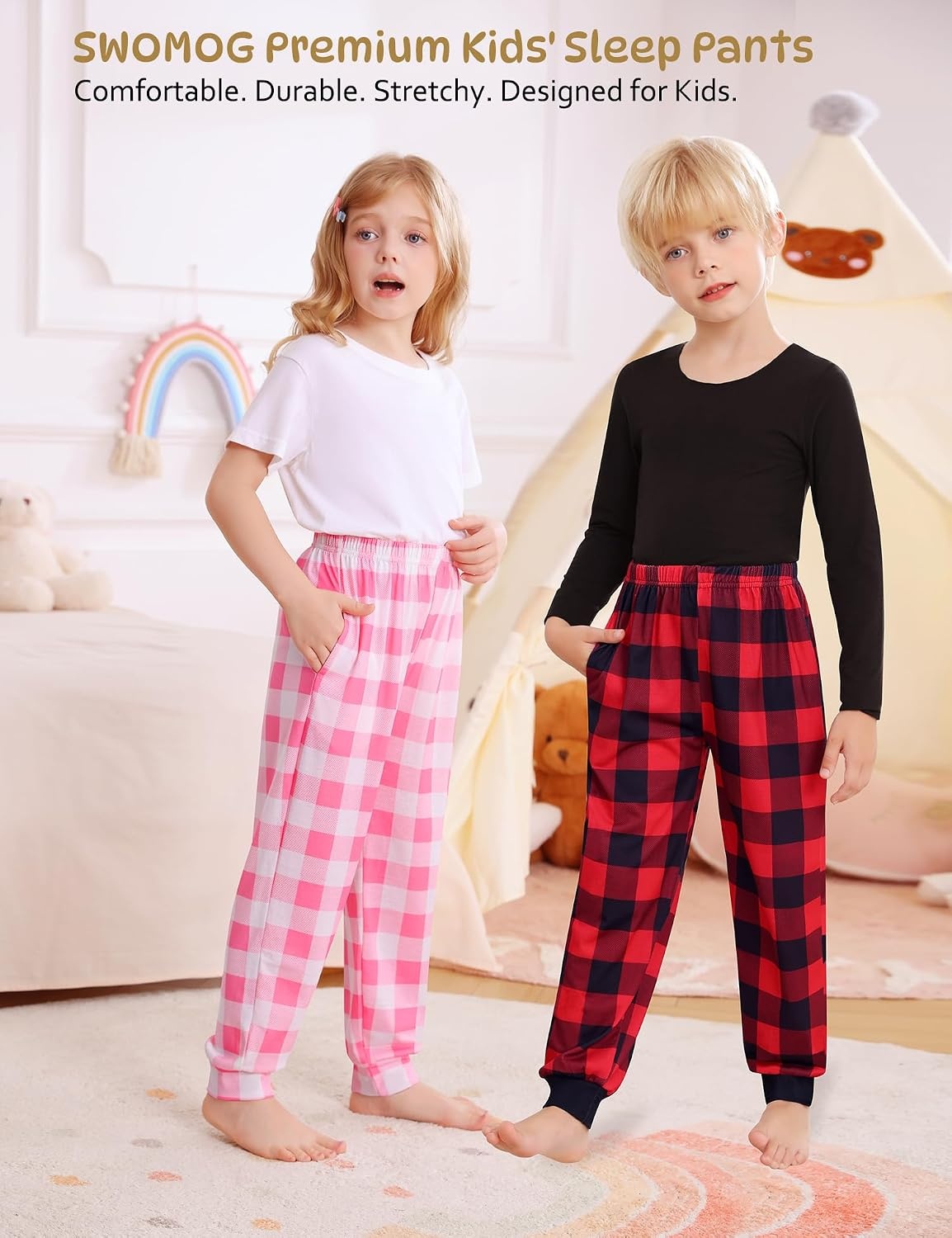 image:imageSWOMOG Unisex Kids Plaid Pajama Pants for Boys amp Girls Comfy Sleepwear Bottoms Lounge Jogger PJ Pants with PocketsPink White Plaid
