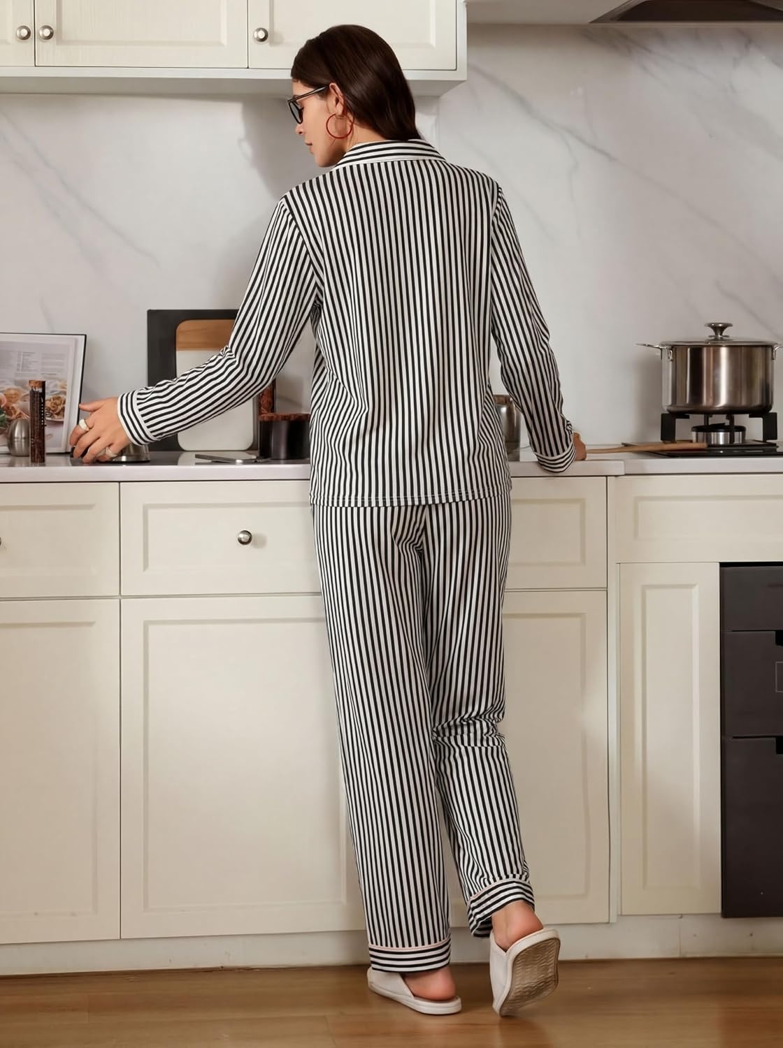 image:imageSWOMOG Women 100 Cotton Pajama Set Long Sleeve Shirts with Pockets Button Down Cute LoungewearBlack Stripe
