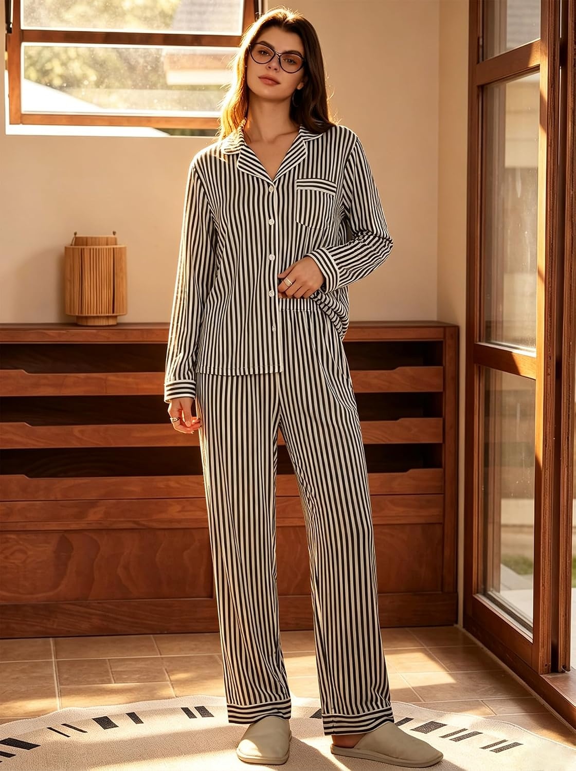 image:imageSWOMOG Women 100 Cotton Pajama Set Long Sleeve Shirts with Pockets Button Down Cute LoungewearBlack Stripe