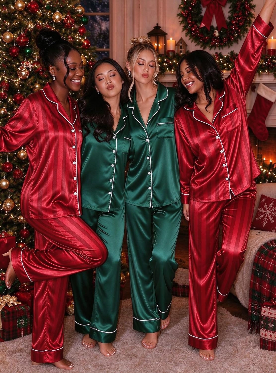 image:imageSWOMOG Womens Satin Pajamas Long Sleeve Sleepwear Silk Soft Button Down Loungewear Pjs Set SXXLRed Striped